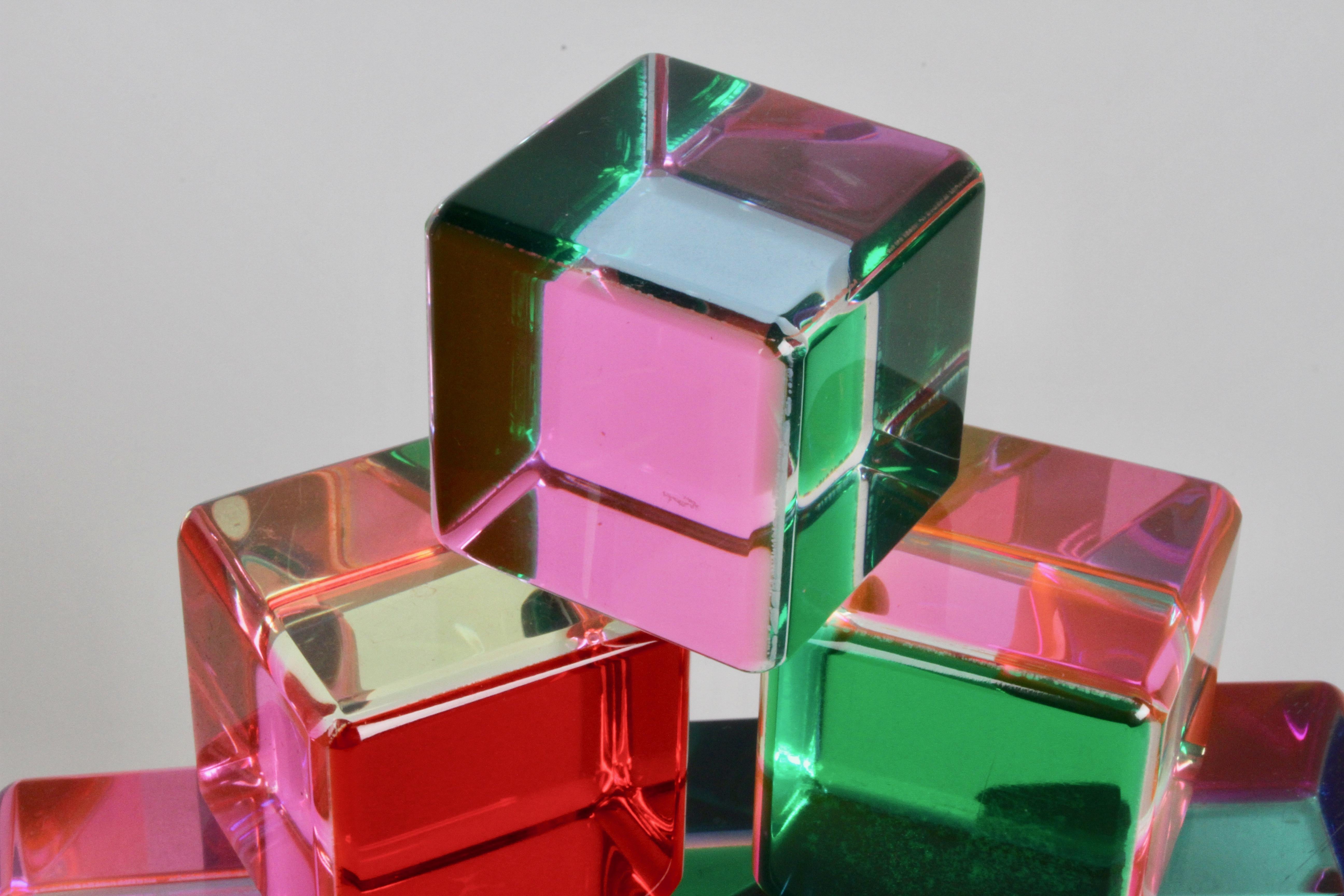 Late 20th Century Set of 10 Signed Vasa Mihich Lucite Laminated Op-Art Cube Sculptures Dated 1989