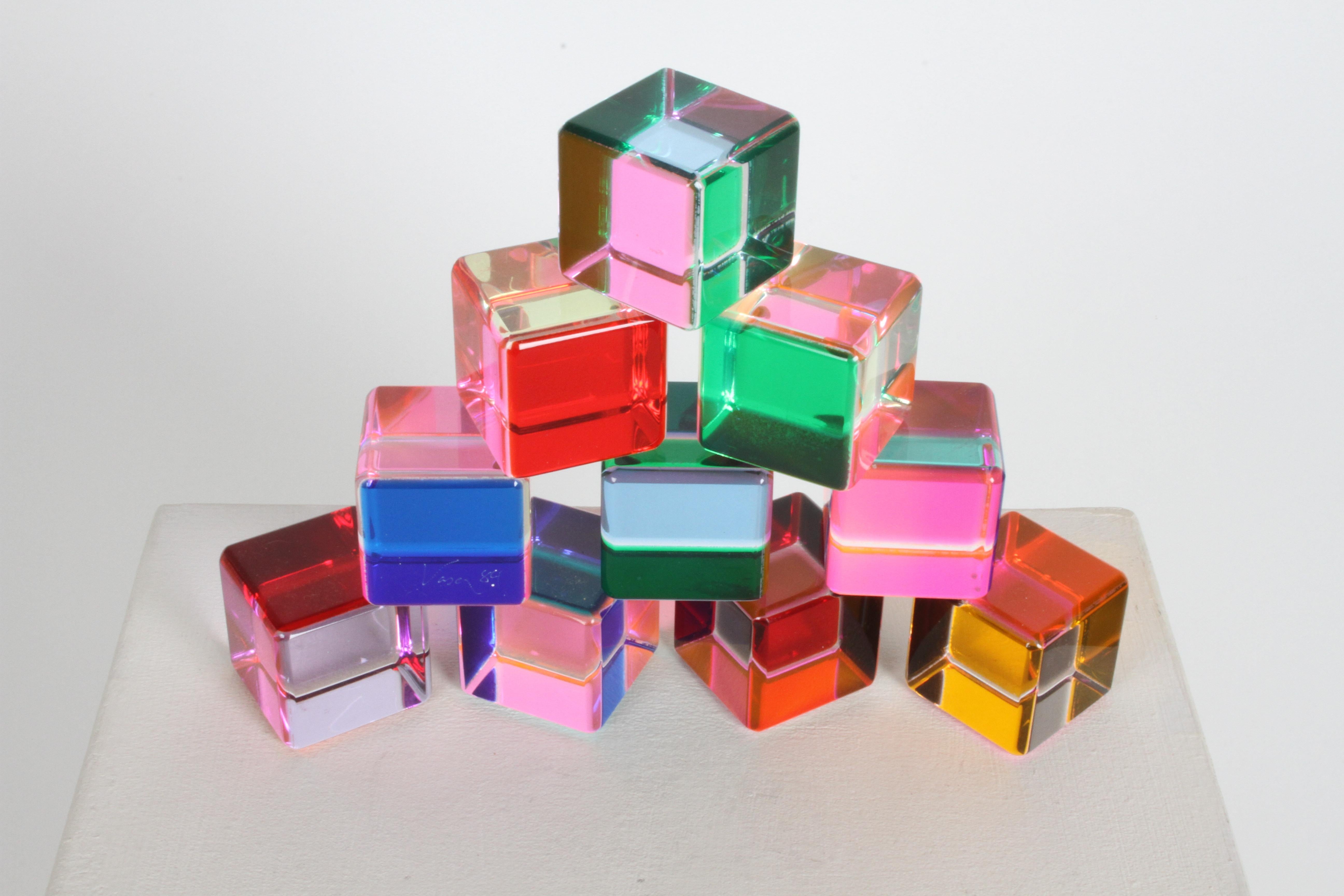 Set of 10 Signed Vasa Mihich Lucite Laminated Op-Art Cube Sculptures Dated 1989 1