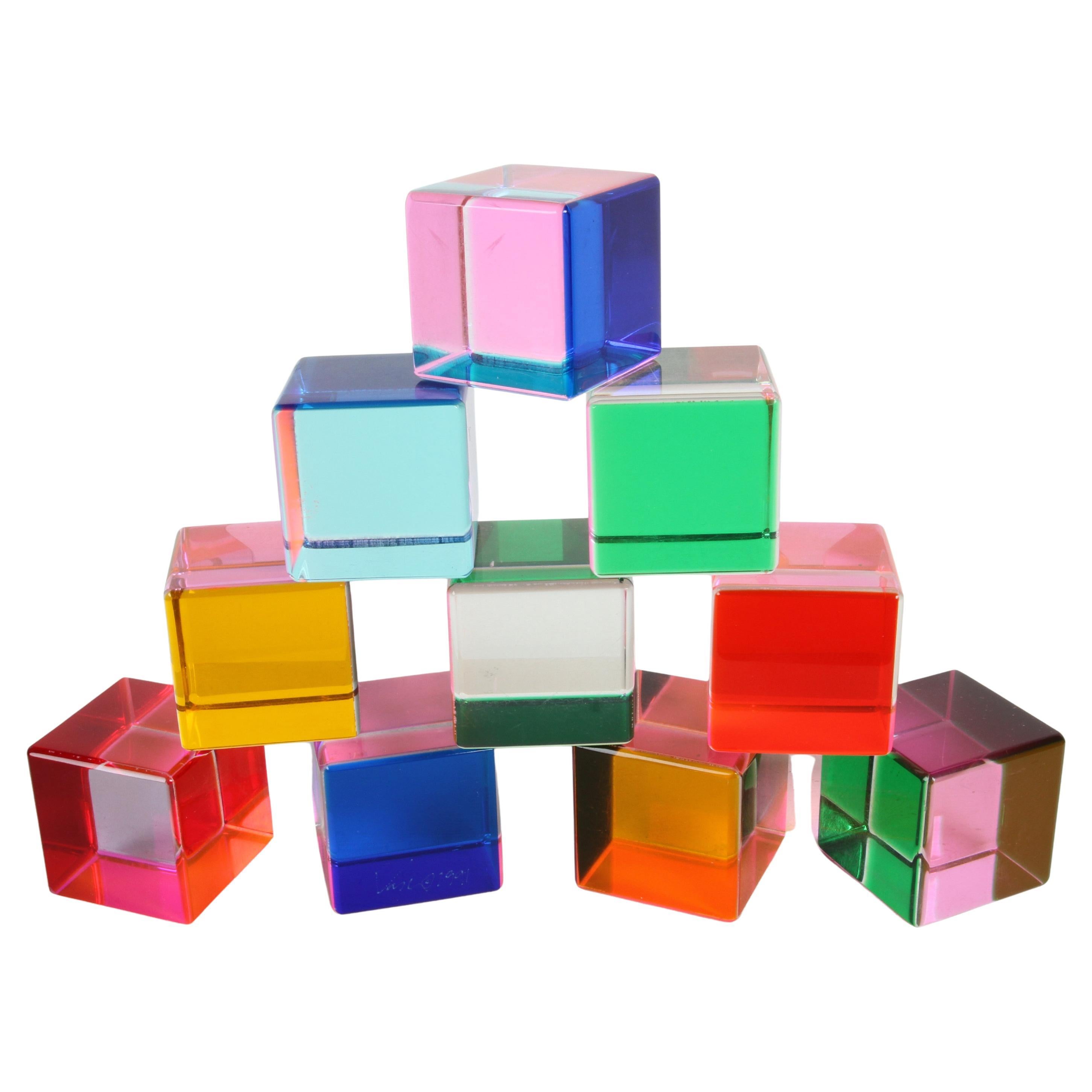 Set of 10 Signed Vasa Mihich Lucite Laminated Op-Art Cube Sculptures Dated 1991 For Sale