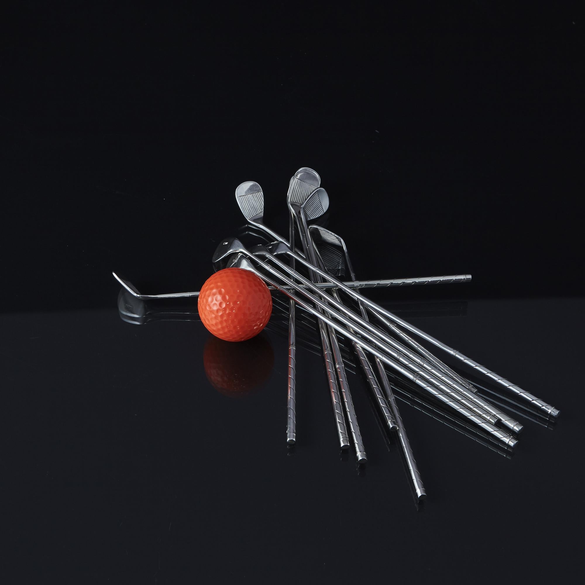 Amusing set of ten American sterling silver (.925) cocktail stirrers in the form of golf clubs, made of cast construction and hand engraved with accurate detail.

Operating in Providence, Alvin Corporation was a separate division of the well-known