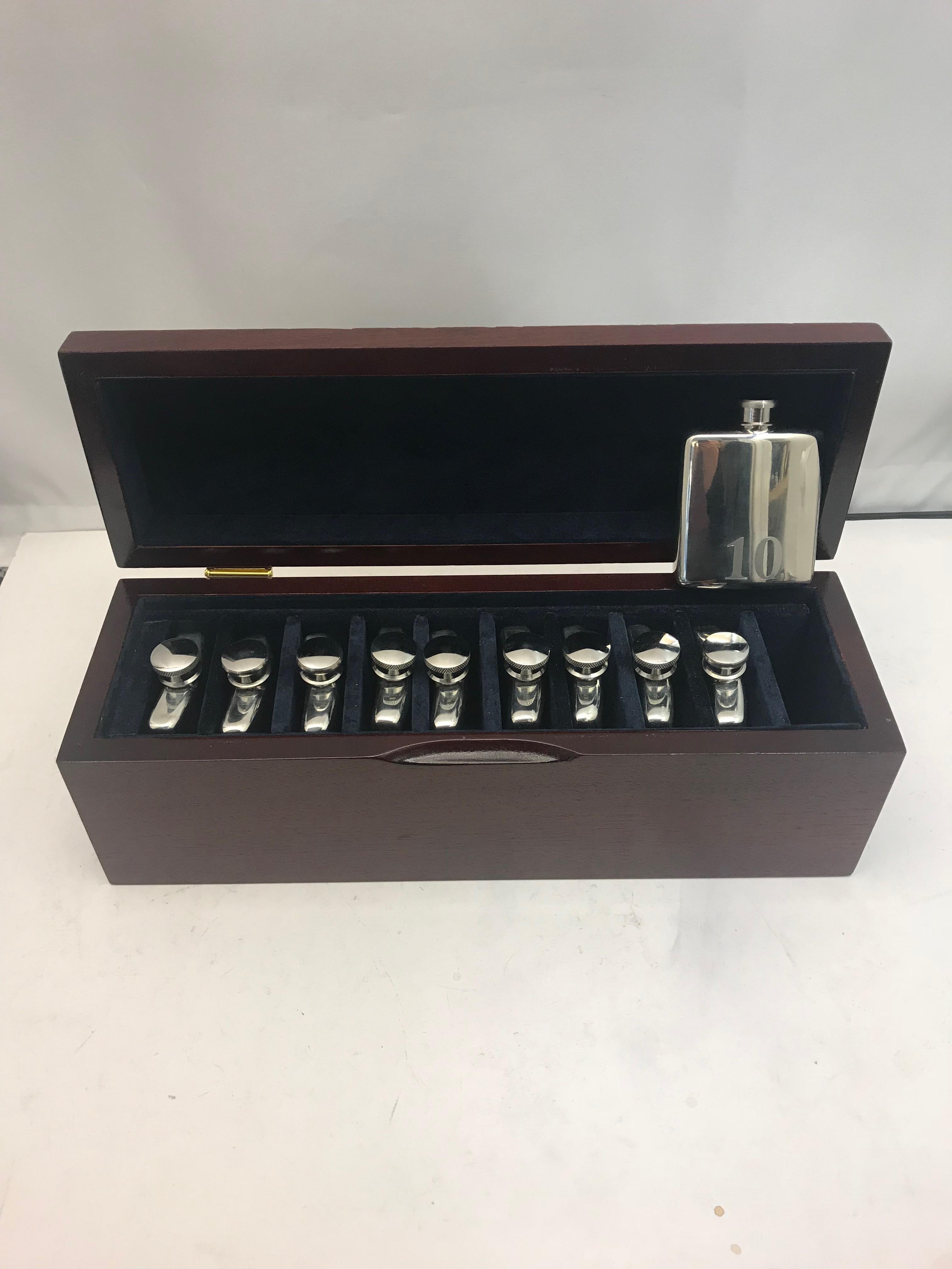 English Set of 10 Silver Plate Flasks in a Fitted Wooden Box