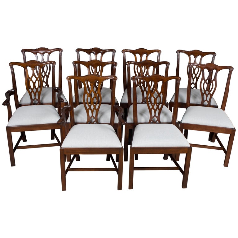 Set of 10 Solid Mahogany Chippendale Style Dining Room Chairs For Sale