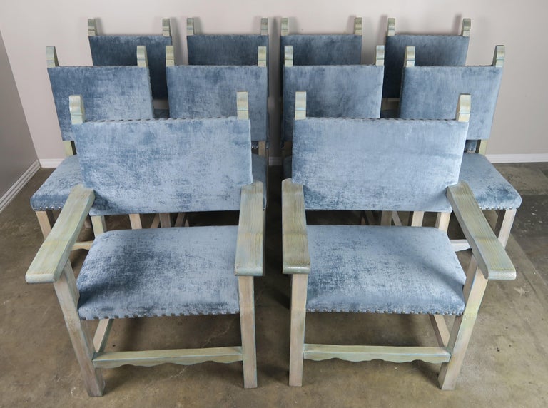 Spanish Painted Walnut Dining Chairs, Aqua Blue Velvet Dining Chairs