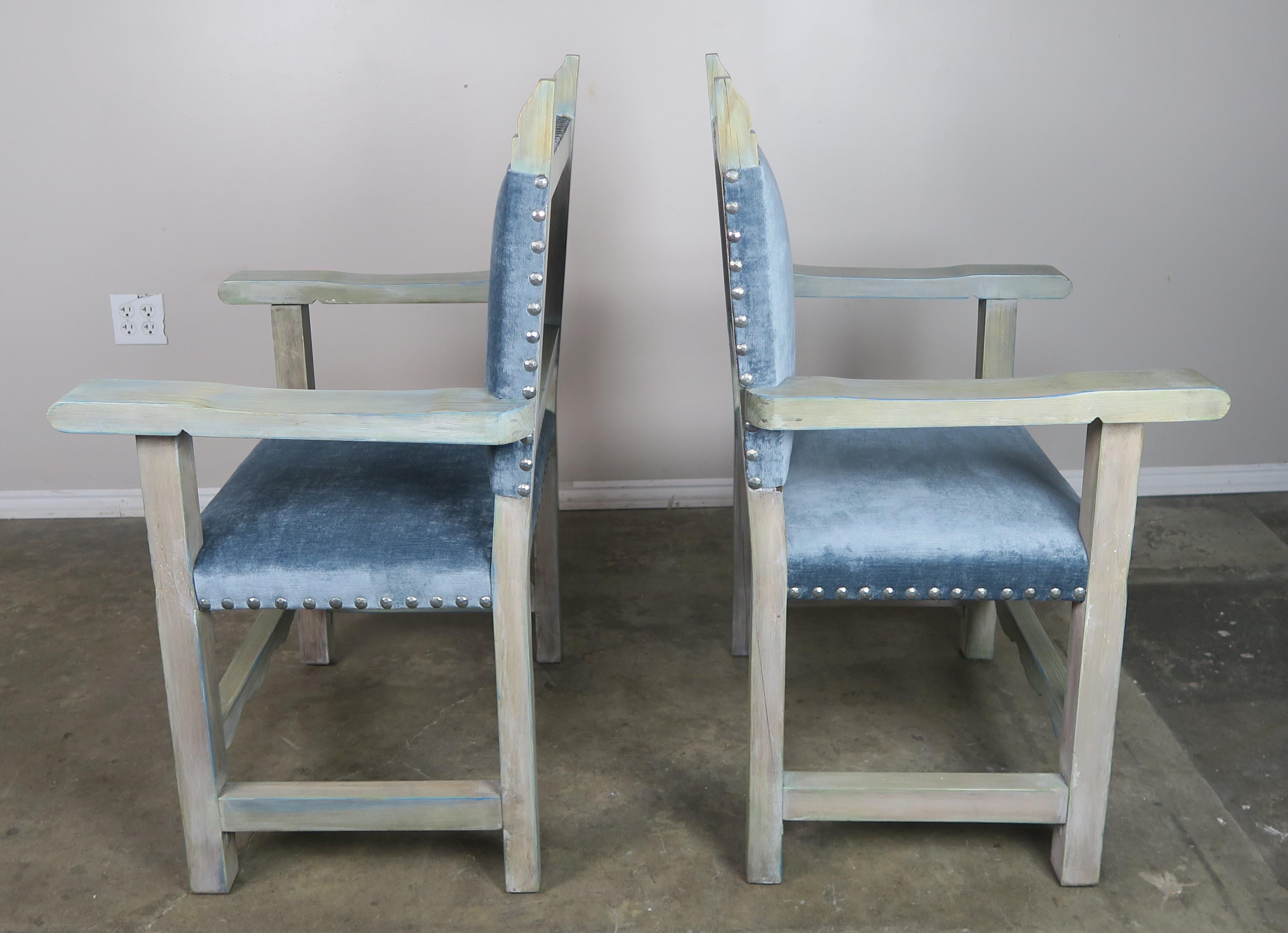 Other Set of 10 Spanish Painted Walnut Dining Chairs with Aqua Velvet Upholstery For Sale