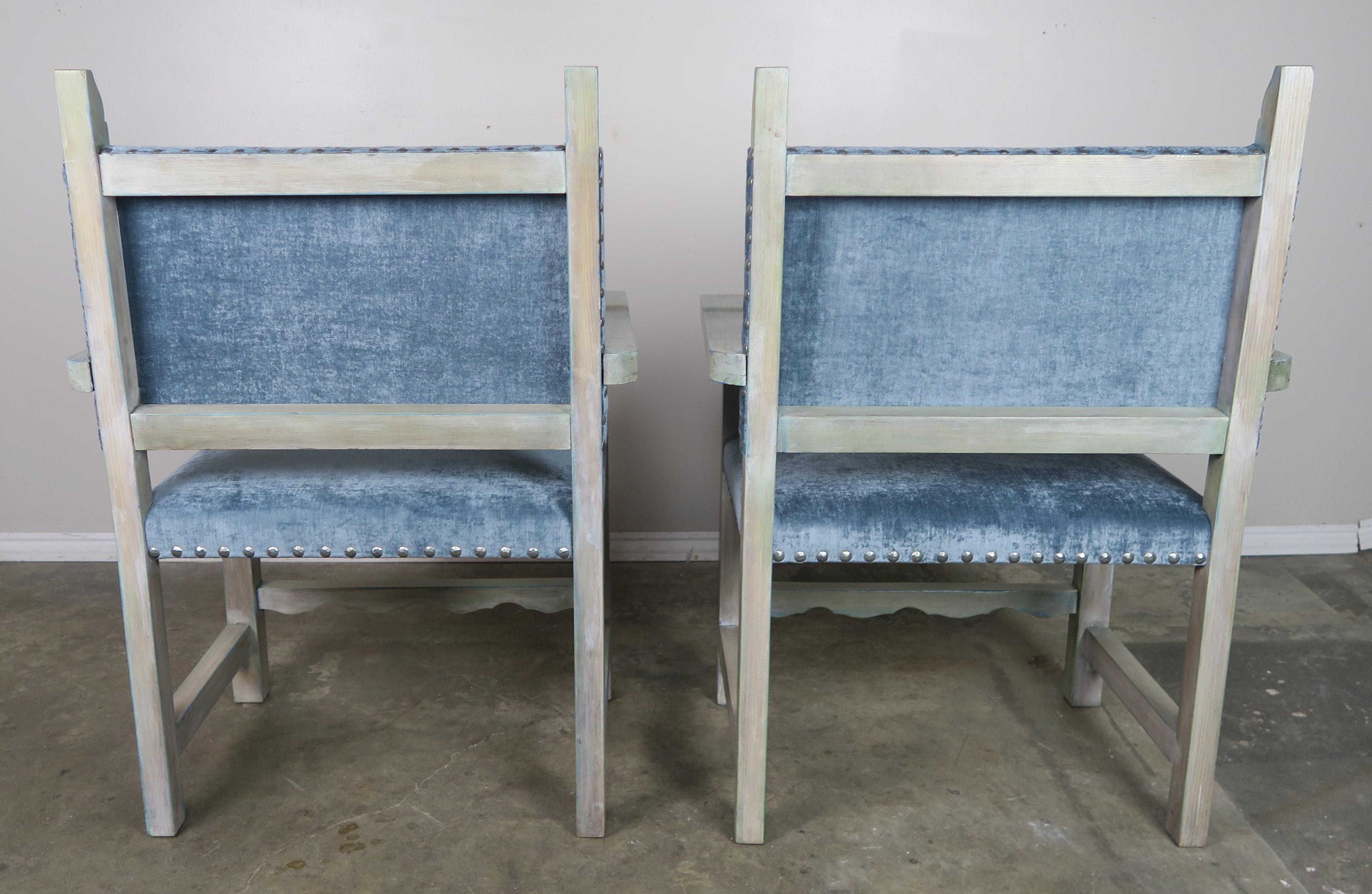 Bleached Set of 10 Spanish Painted Walnut Dining Chairs with Aqua Velvet Upholstery For Sale