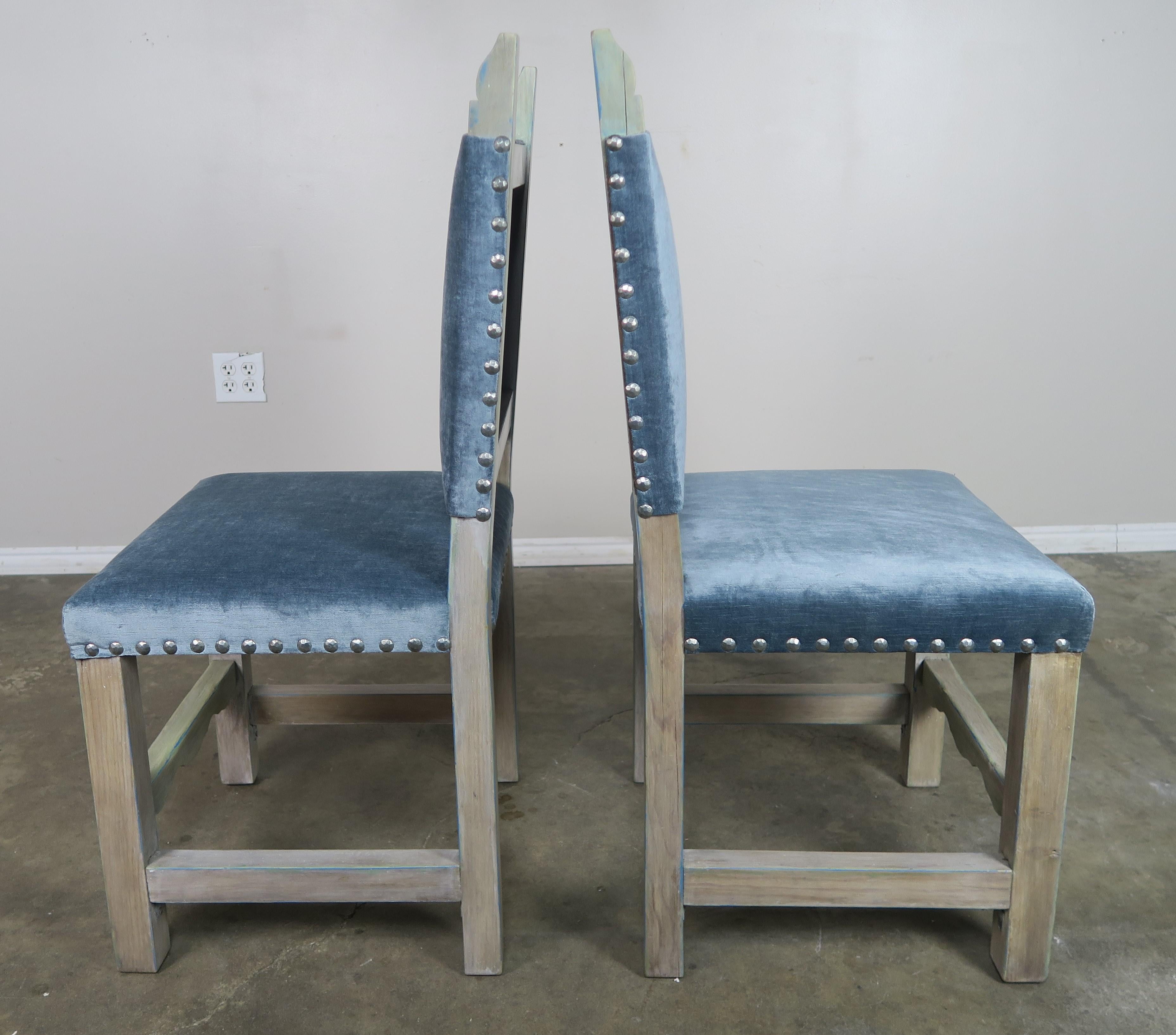 Set of 10 Spanish Painted Walnut Dining Chairs with Aqua Velvet Upholstery In Good Condition For Sale In Los Angeles, CA