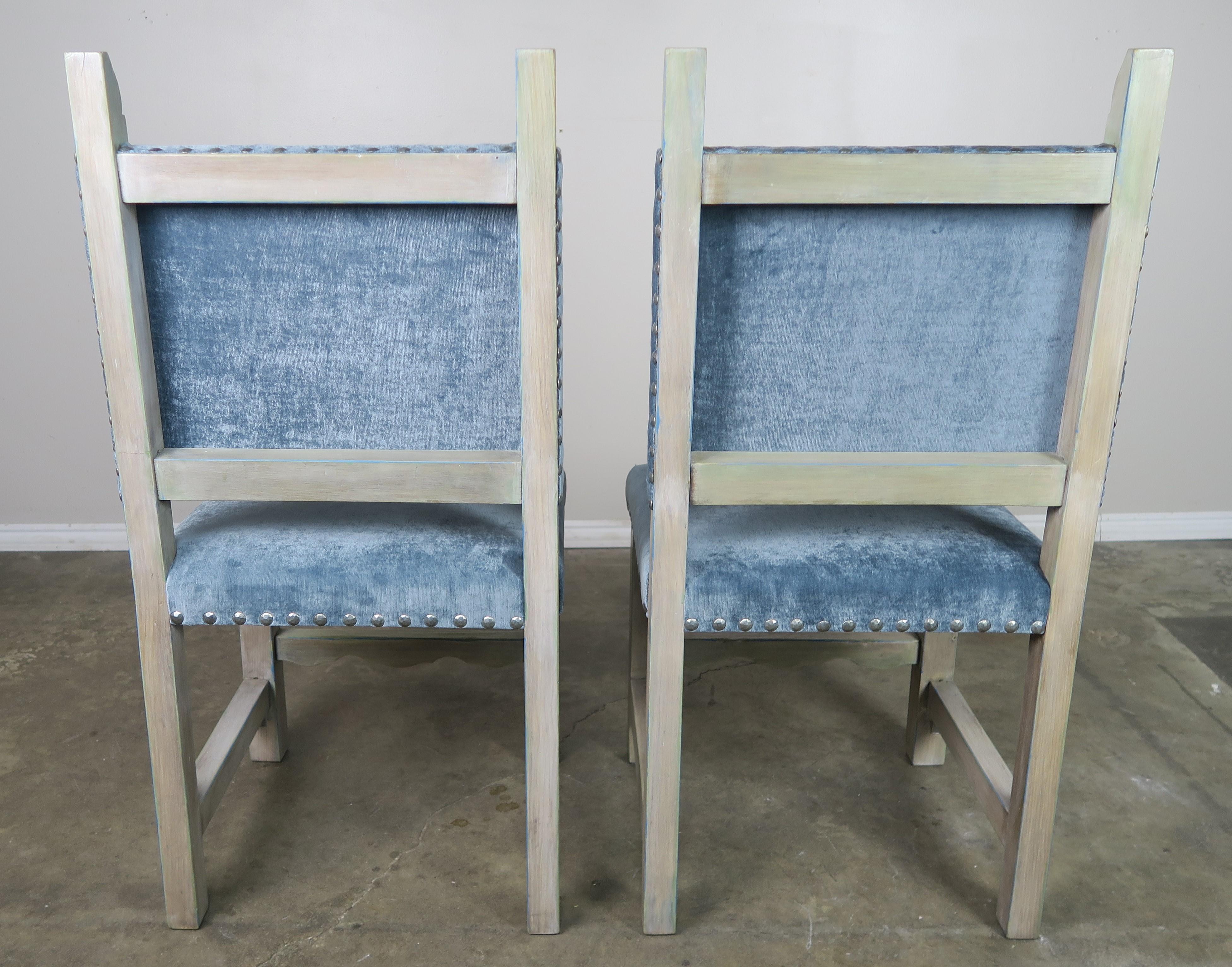 Mid-20th Century Set of 10 Spanish Painted Walnut Dining Chairs with Aqua Velvet Upholstery For Sale