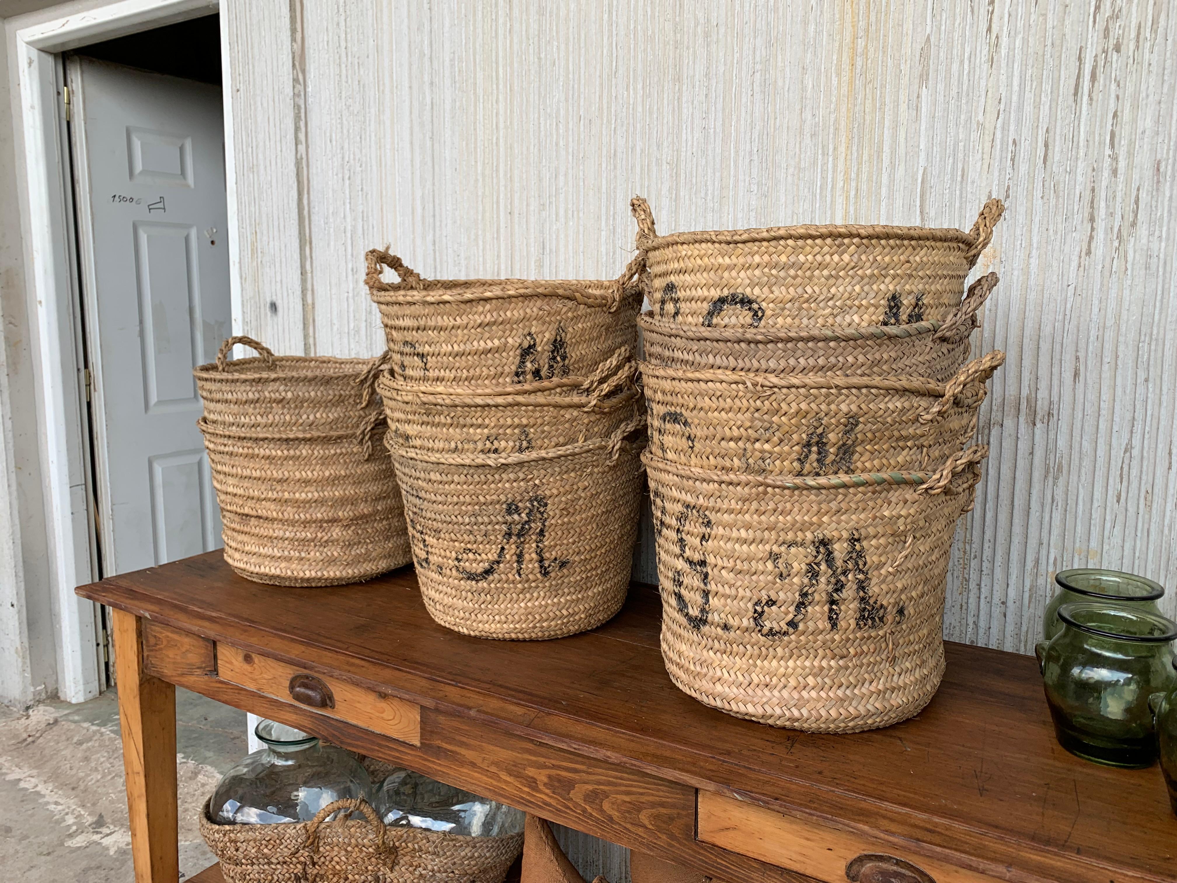 Rustic Spanish chateau champagne grape harvesting basket constructed from woven wicker reeds. Features a thick braided top with handles on each end and brightly black champagne house initials on the sides reading S.G.M in vivid black paint.
