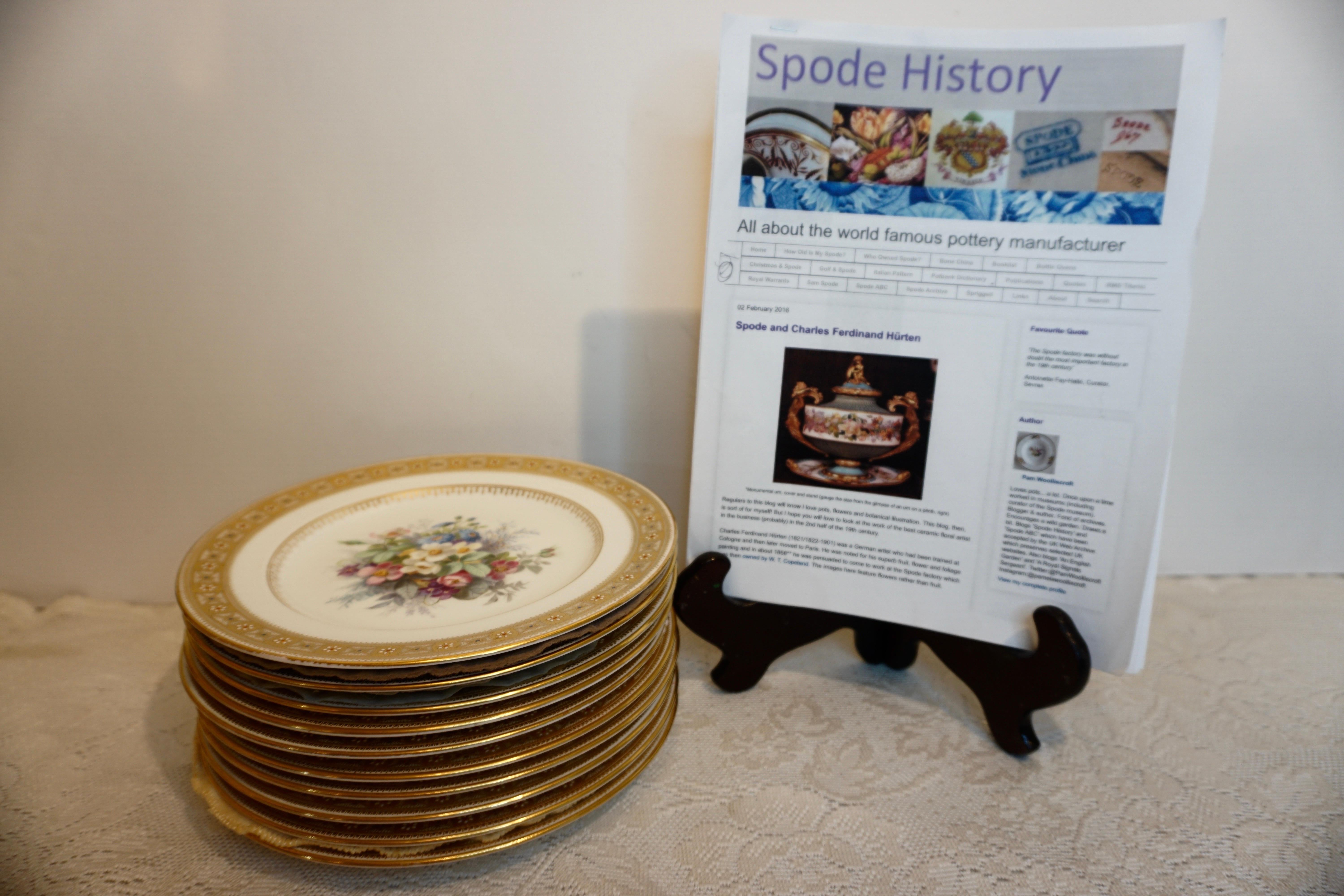This is a fabulous set of ten Spode made for Tiffany dessert plates, each hand-painted with a different elaborate flower bouquet, signed by renown Spode artist Charles Ferdinand Hurten (1821-1901). They were made between 1870-1890. They are nine