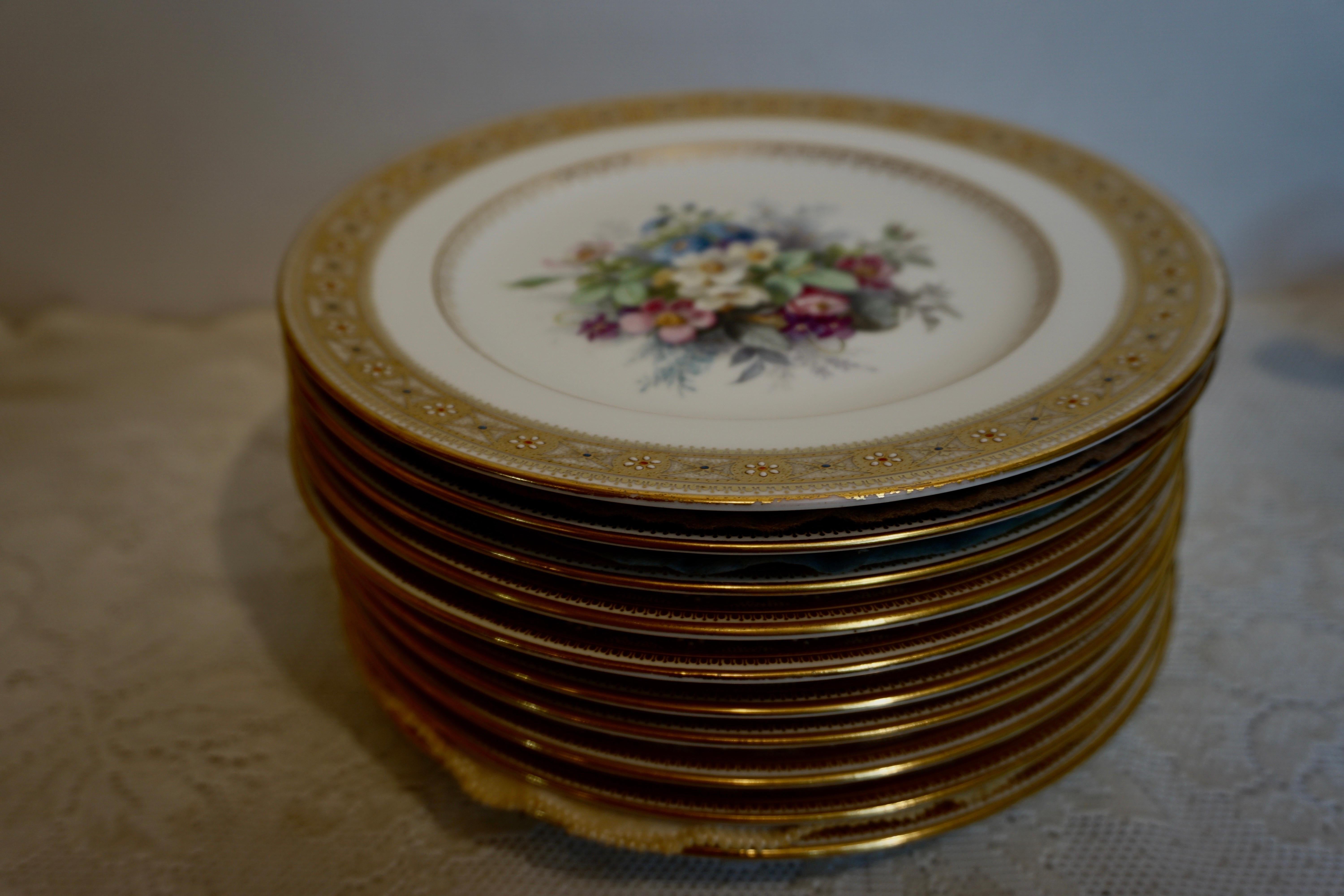 Romantic Set of 10 Spode Made for Tiffany Dessert Plates Signed by Renown Artist Hurten