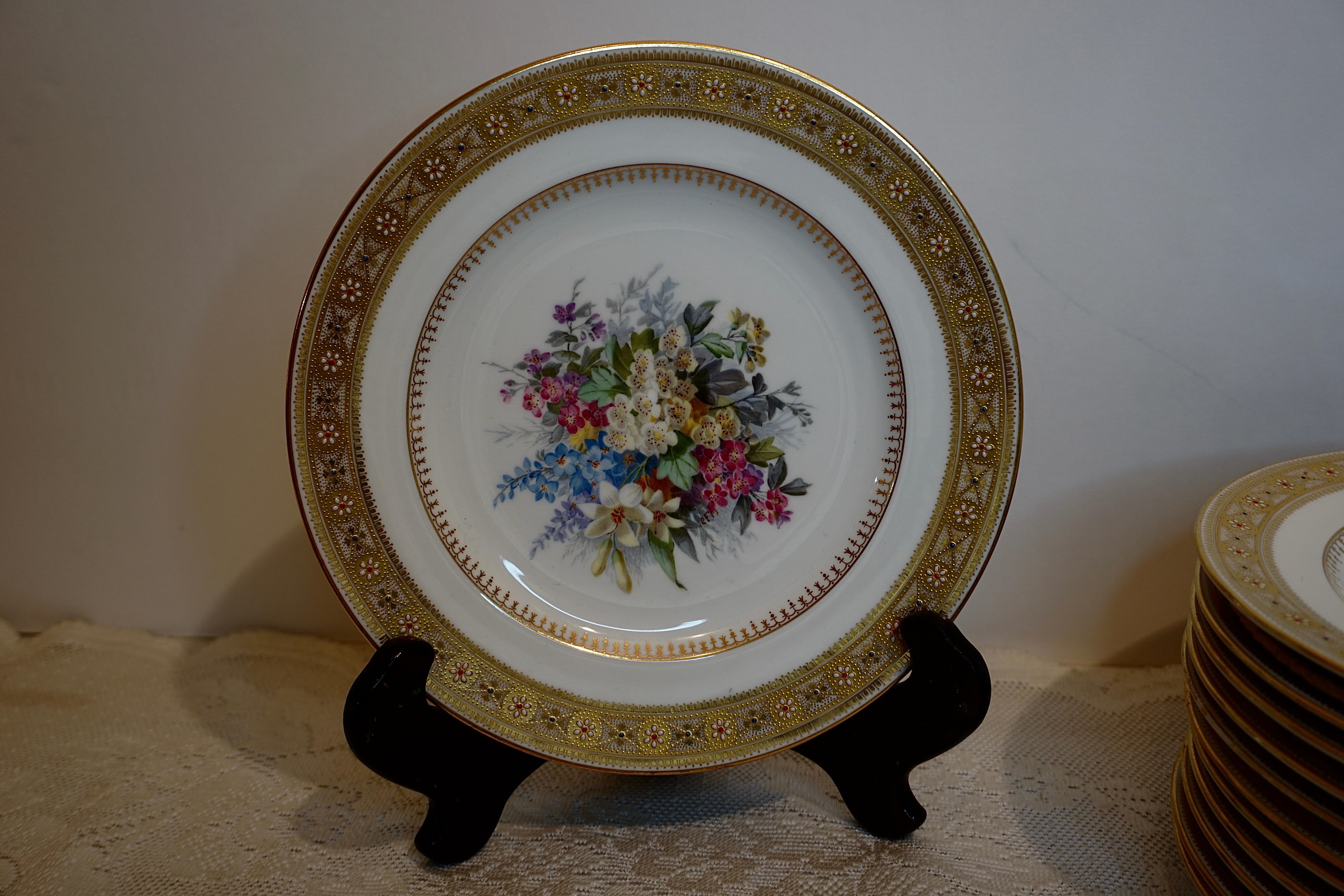 English Set of 10 Spode Made for Tiffany Dessert Plates Signed by Renown Artist Hurten