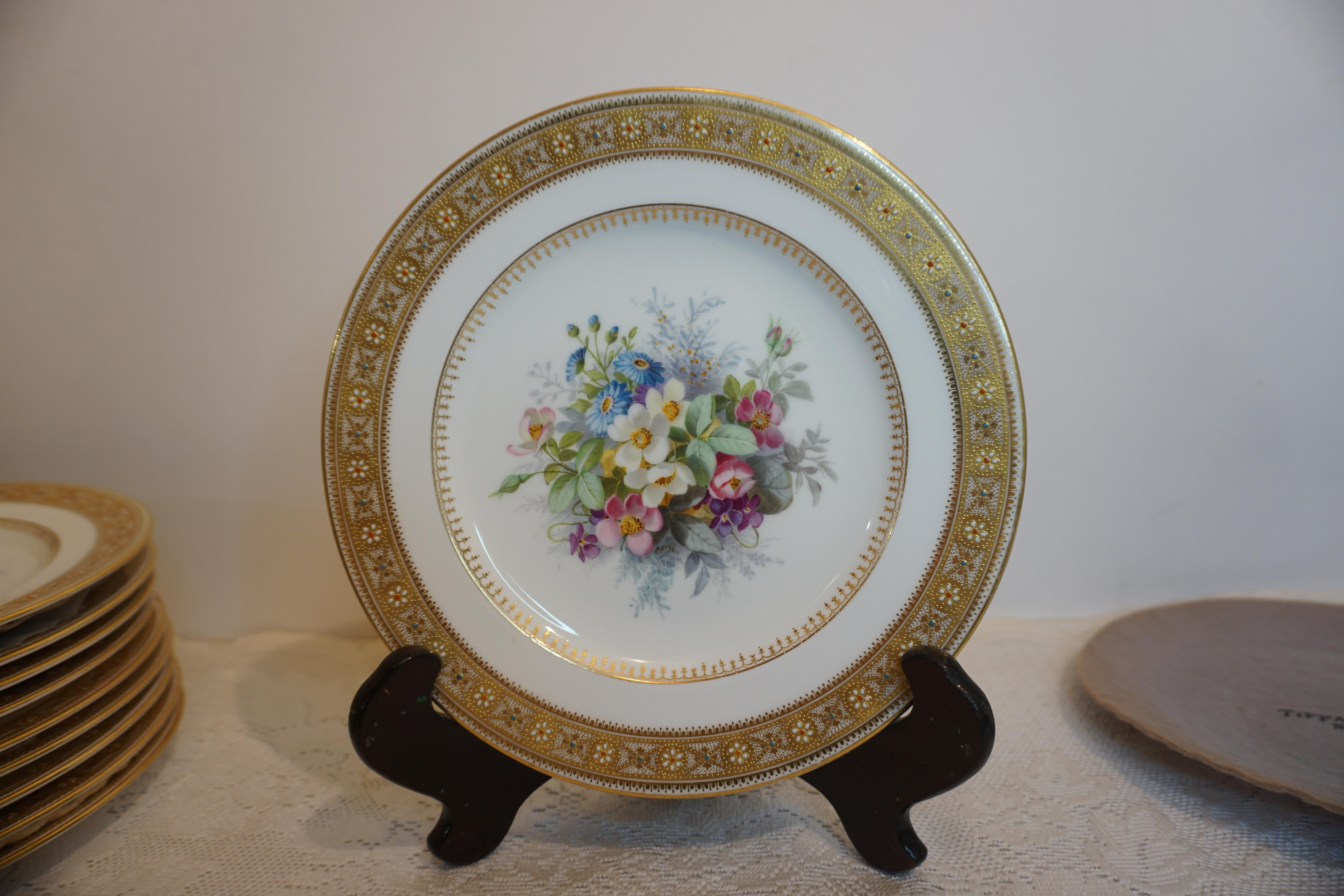 Hand-Painted Set of 10 Spode Made for Tiffany Dessert Plates Signed by Renown Artist Hurten