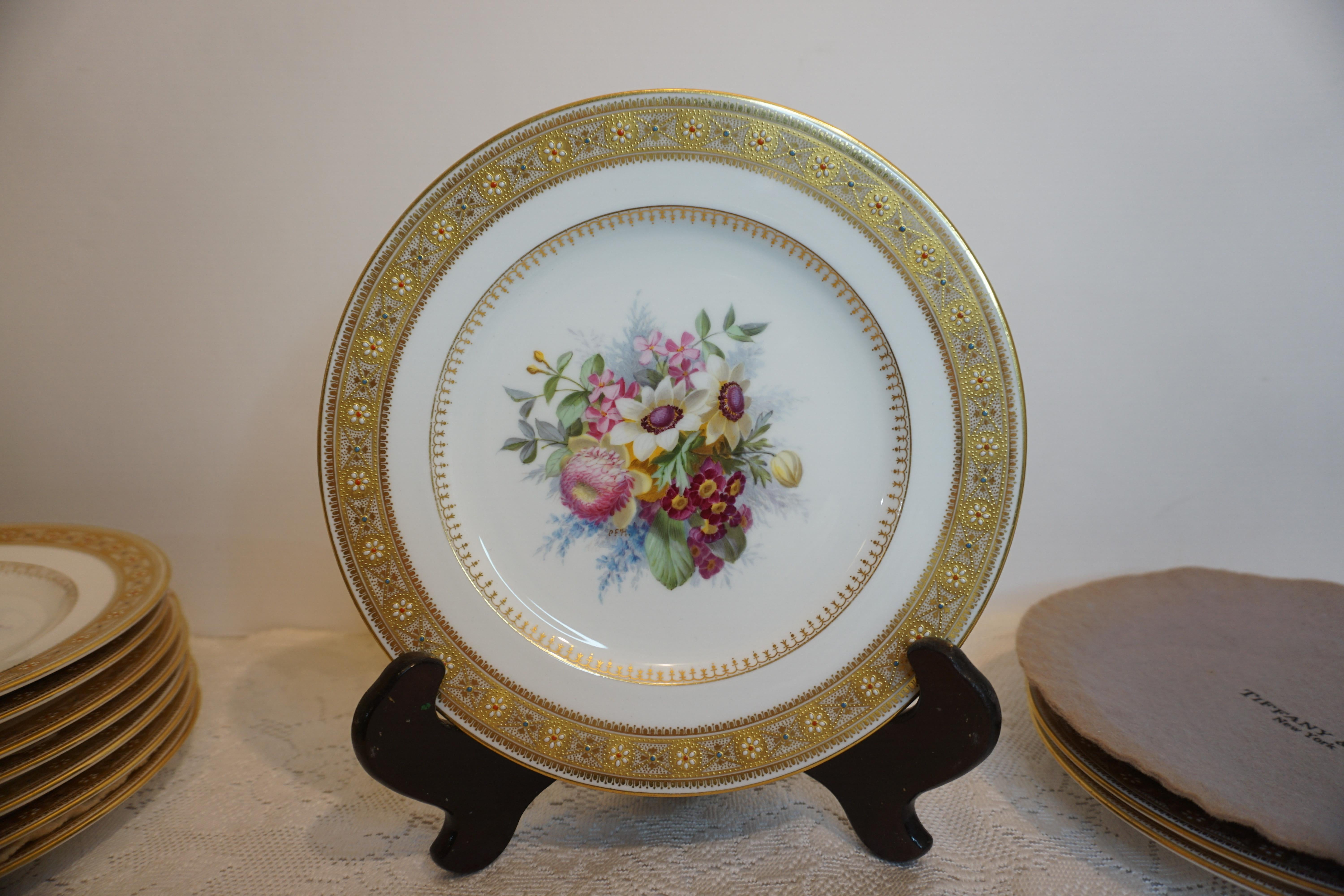 Late 19th Century Set of 10 Spode Made for Tiffany Dessert Plates Signed by Renown Artist Hurten