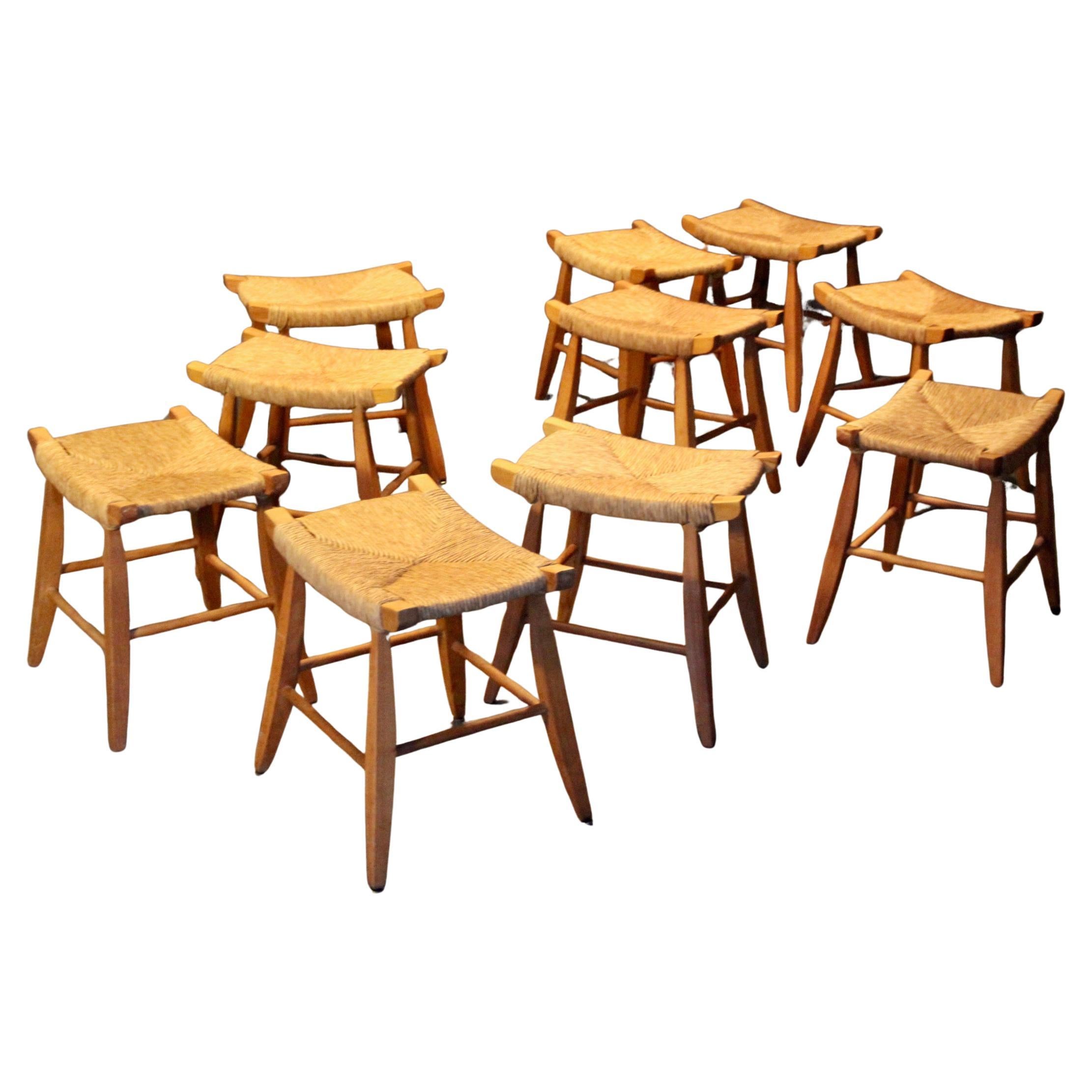 Set di 10 sgabelli francesi in paglia in vendita