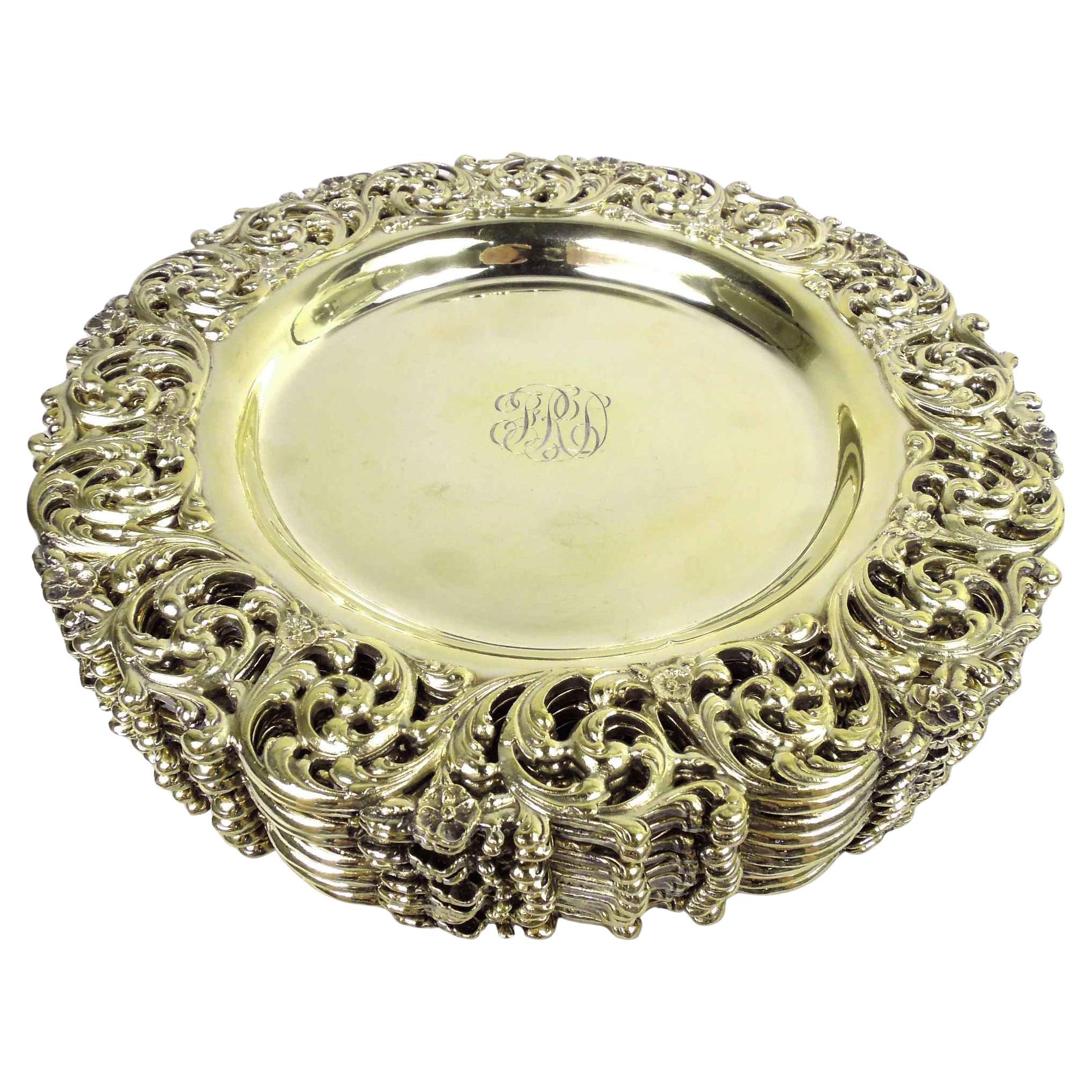 Juego de 10 Platos de Postre de Plata de Ley Dorada Americana Super Fancy en venta