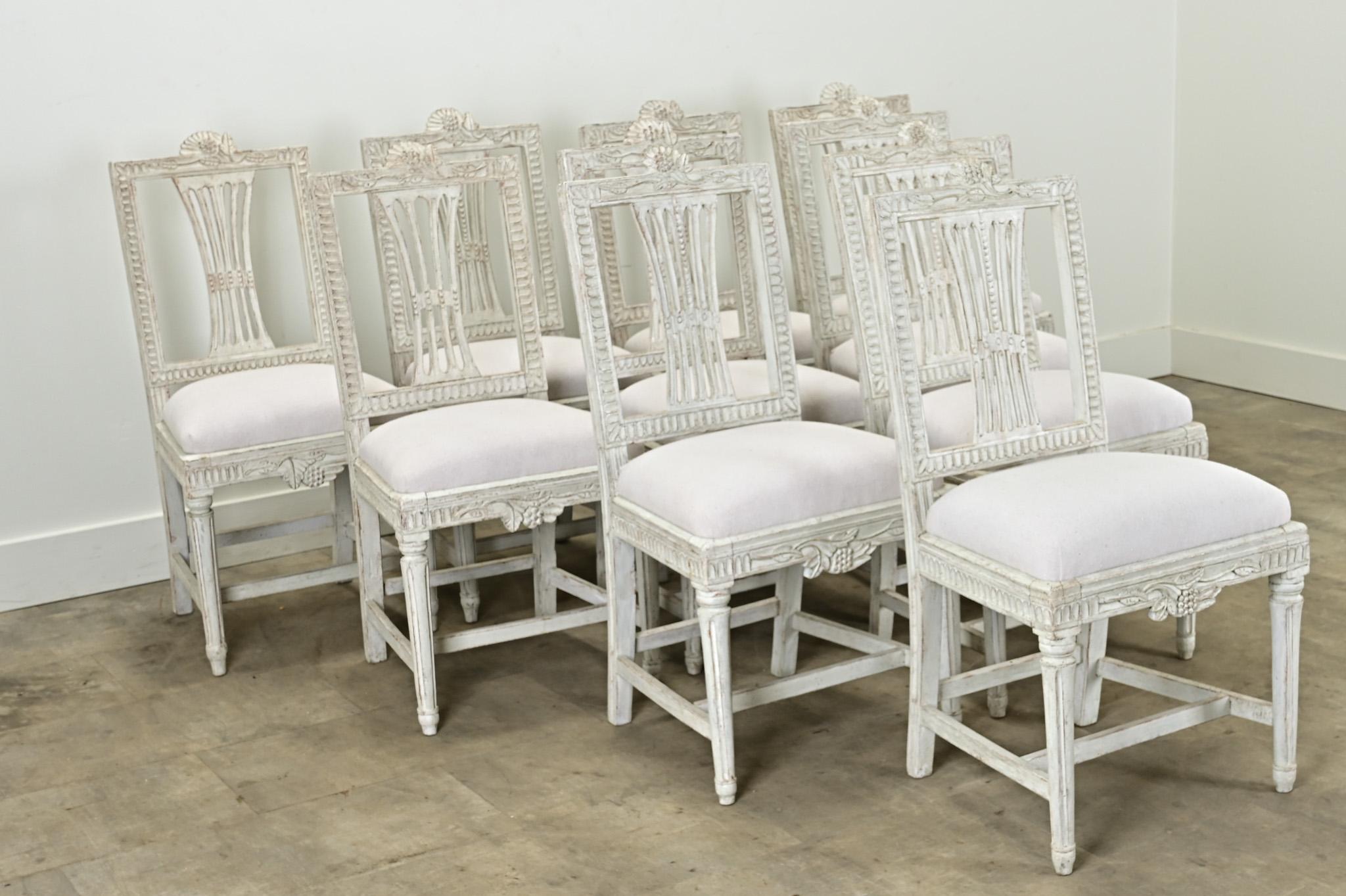 Hand-Carved Set of 10 Swedish Gustavian Dining Chairs