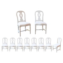 Set of 10 Swedish Painted Dining Room Chairs with Carved Splats and Upholstery