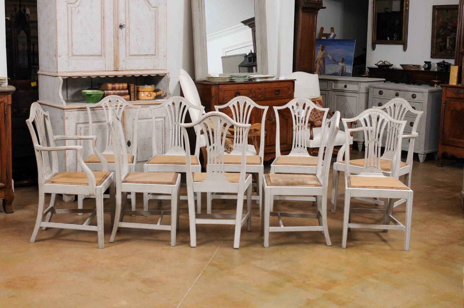 Set of 10 Swedish Painted Wheat Back Dining Chairs with Two Arms and Eight Sides In Good Condition In Atlanta, GA