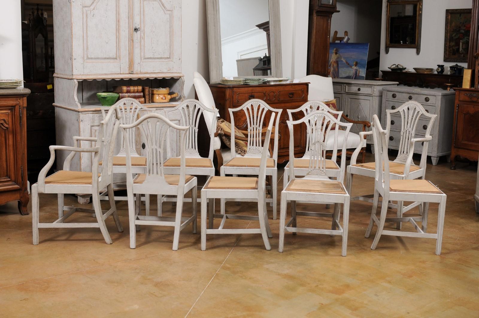 19th Century Set of 10 Swedish Painted Wheat Back Dining Chairs with Two Arms and Eight Sides