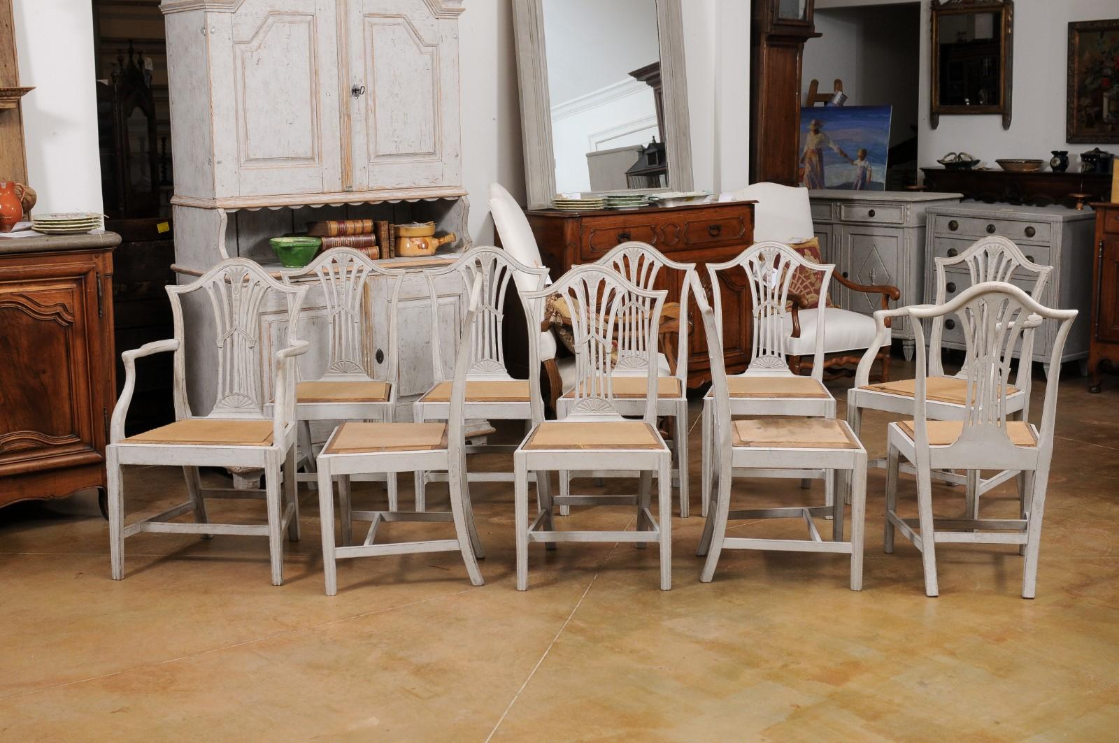 Wood Set of 10 Swedish Painted Wheat Back Dining Chairs with Two Arms and Eight Sides