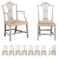 Antique Set of 10 Swedish Painted Wheat Back Dining Chairs with Two Arms and Eight Sides