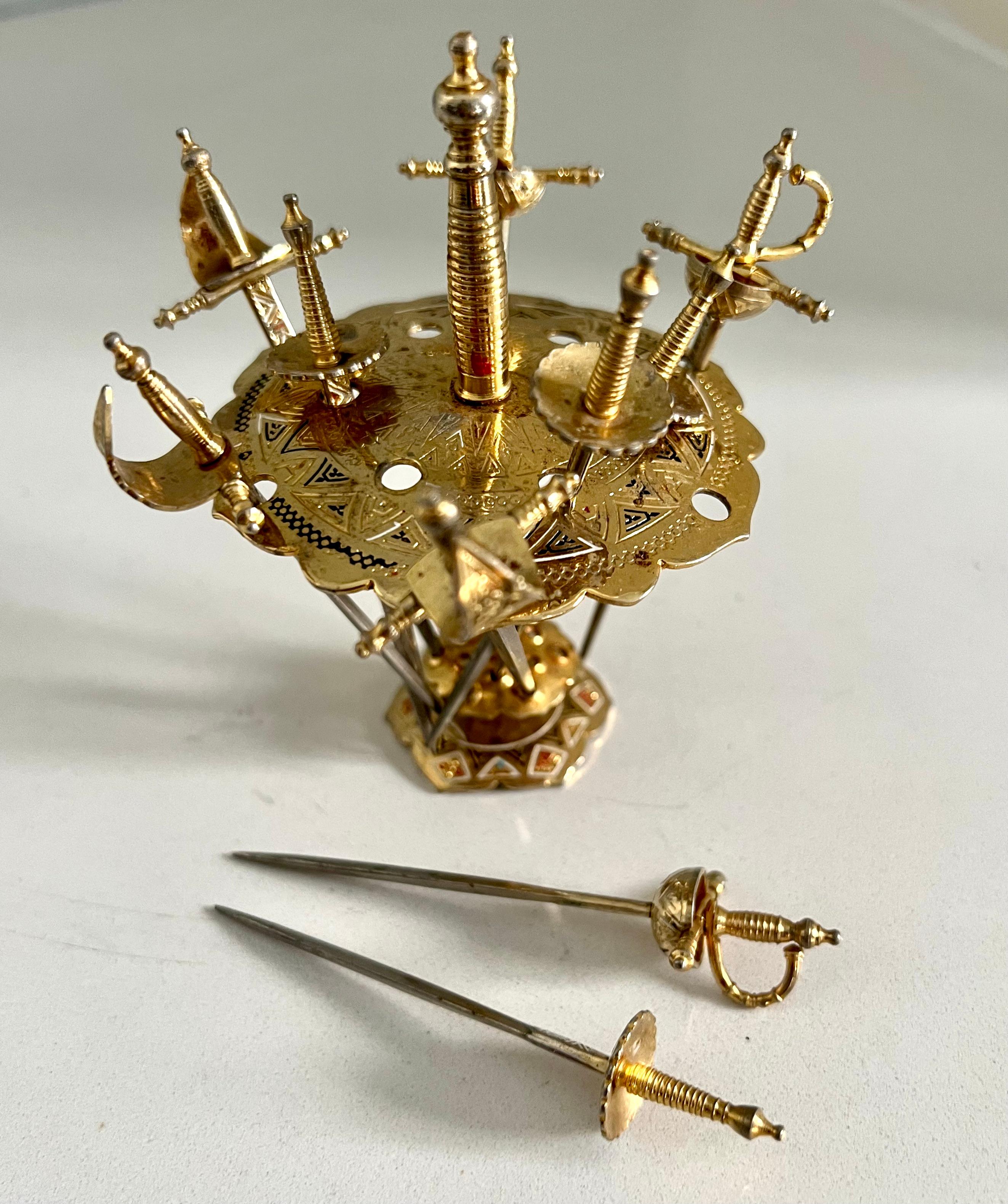 French Set of 10 Sword Cocktail Picks on Matching Brass Stand