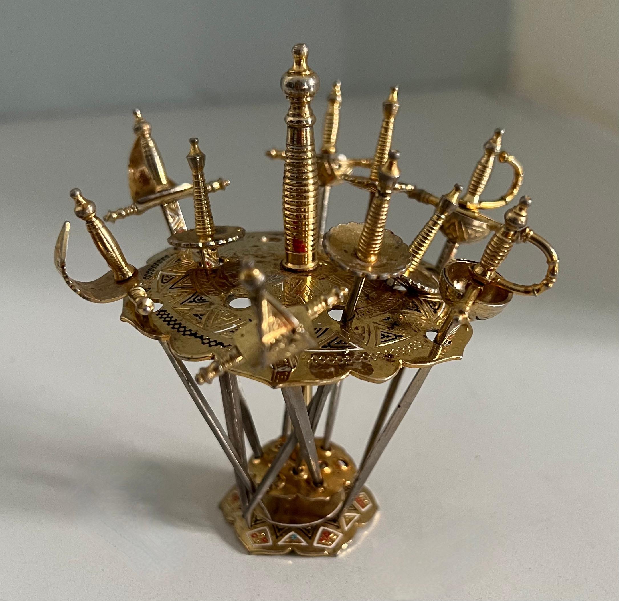 Set of 10 Sword Cocktail Picks on Matching Brass Stand In Good Condition In Los Angeles, CA
