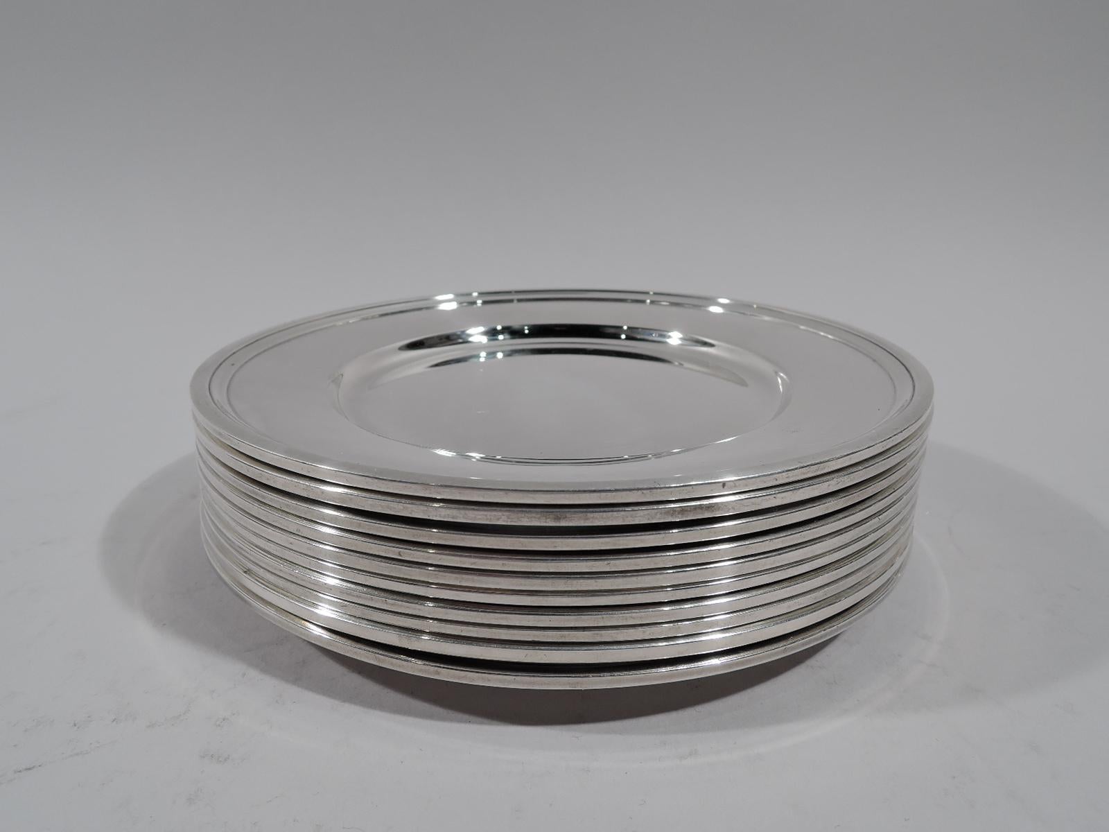American Set of 10 Tiffany Modern Sterling Silver Bread and Butter Plates
