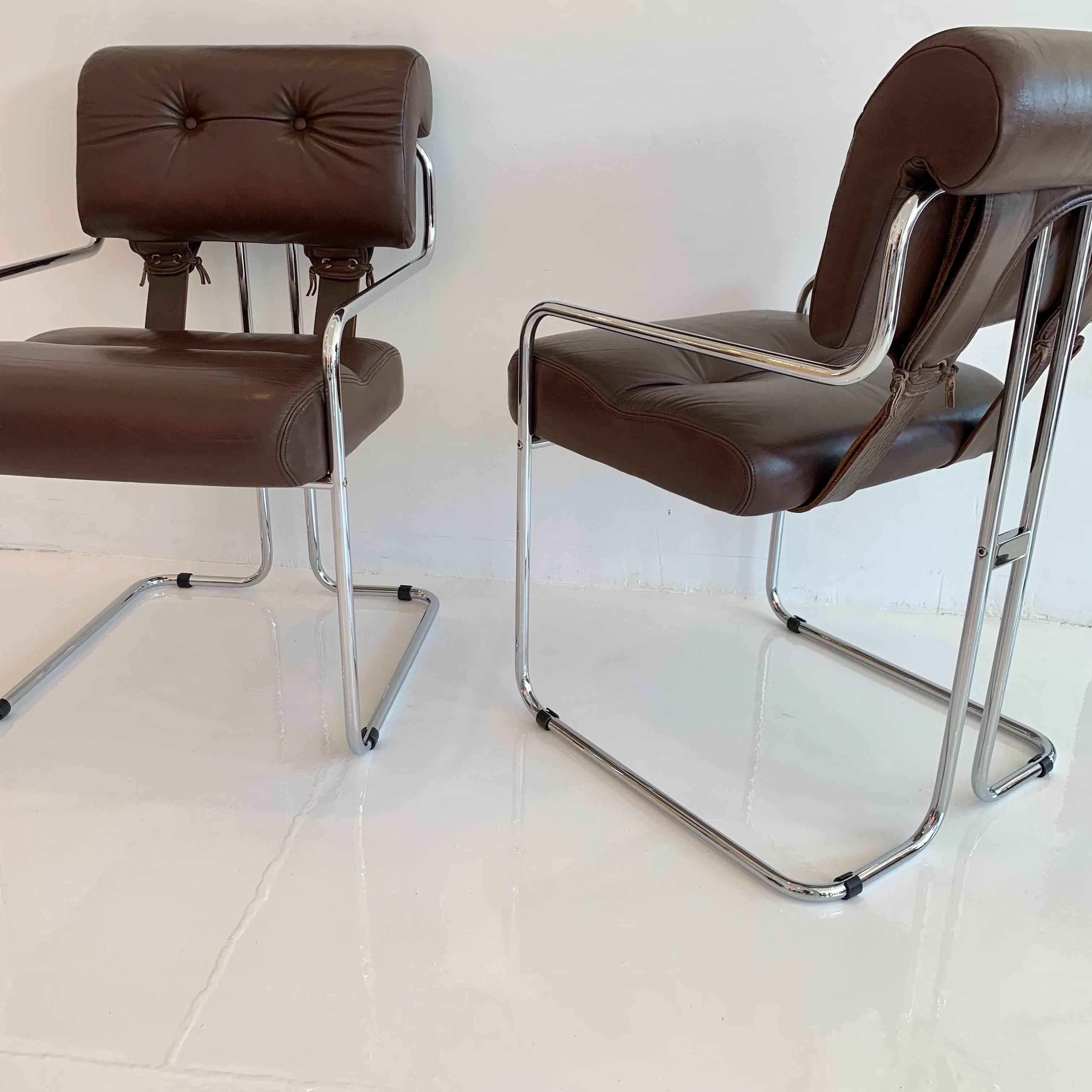 Classic leather 'Tucroma' chairs by Guido Faleschini for Pace. Tubular chrome chair with original brown leather. Metal is in good condition. Great color and patina. Very good vintage condition to leather. 

Priced as a set of 10.