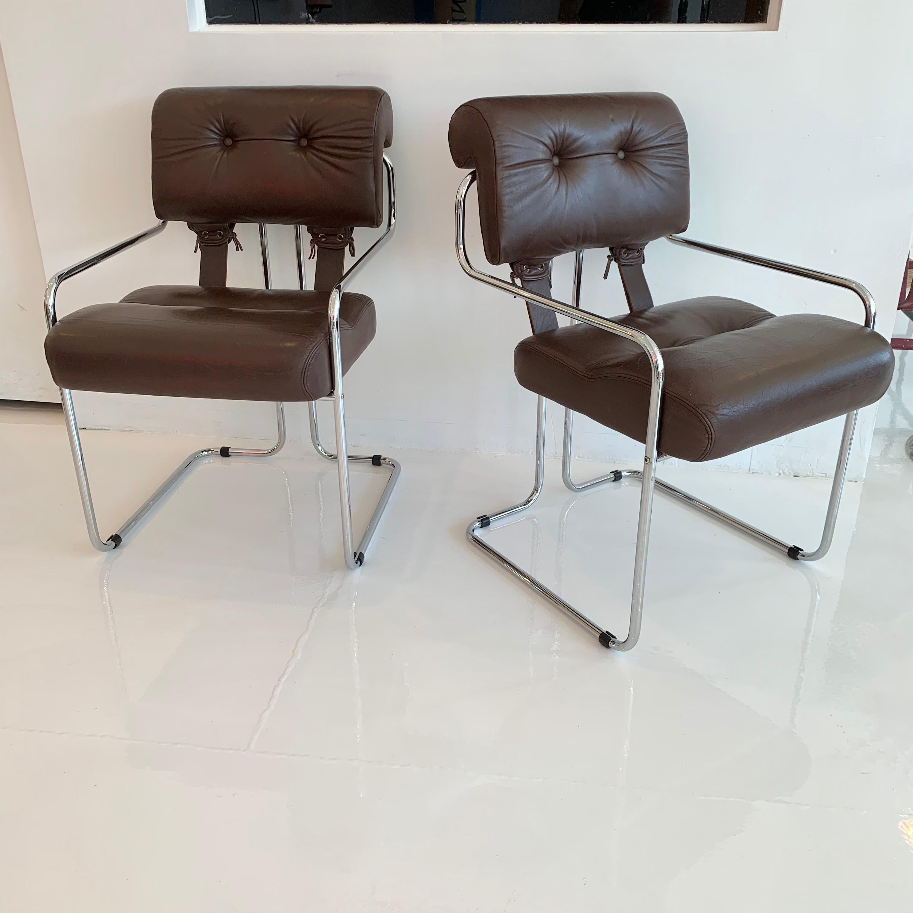 Italian Set of 10 Tucroma Chairs in Brown Leather by Guido Faleschini