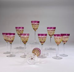 Set of 10 Val Saint Lambert Amethyst Overlay Cut to Chartreuse Goblets