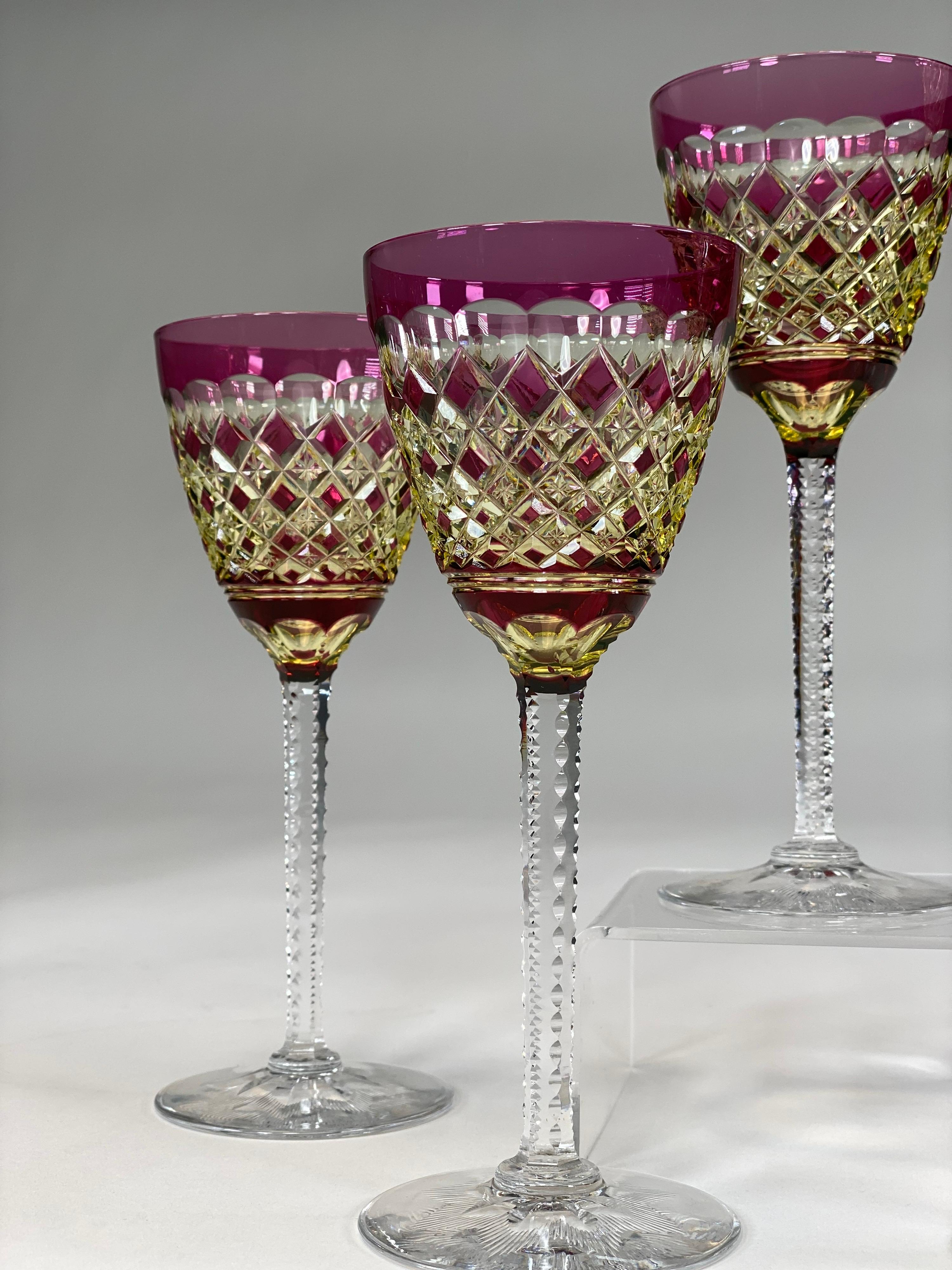 Faceted Set of 10 Val Saint Lambert Amethyst Overlay Cut to Chartreuse Goblets