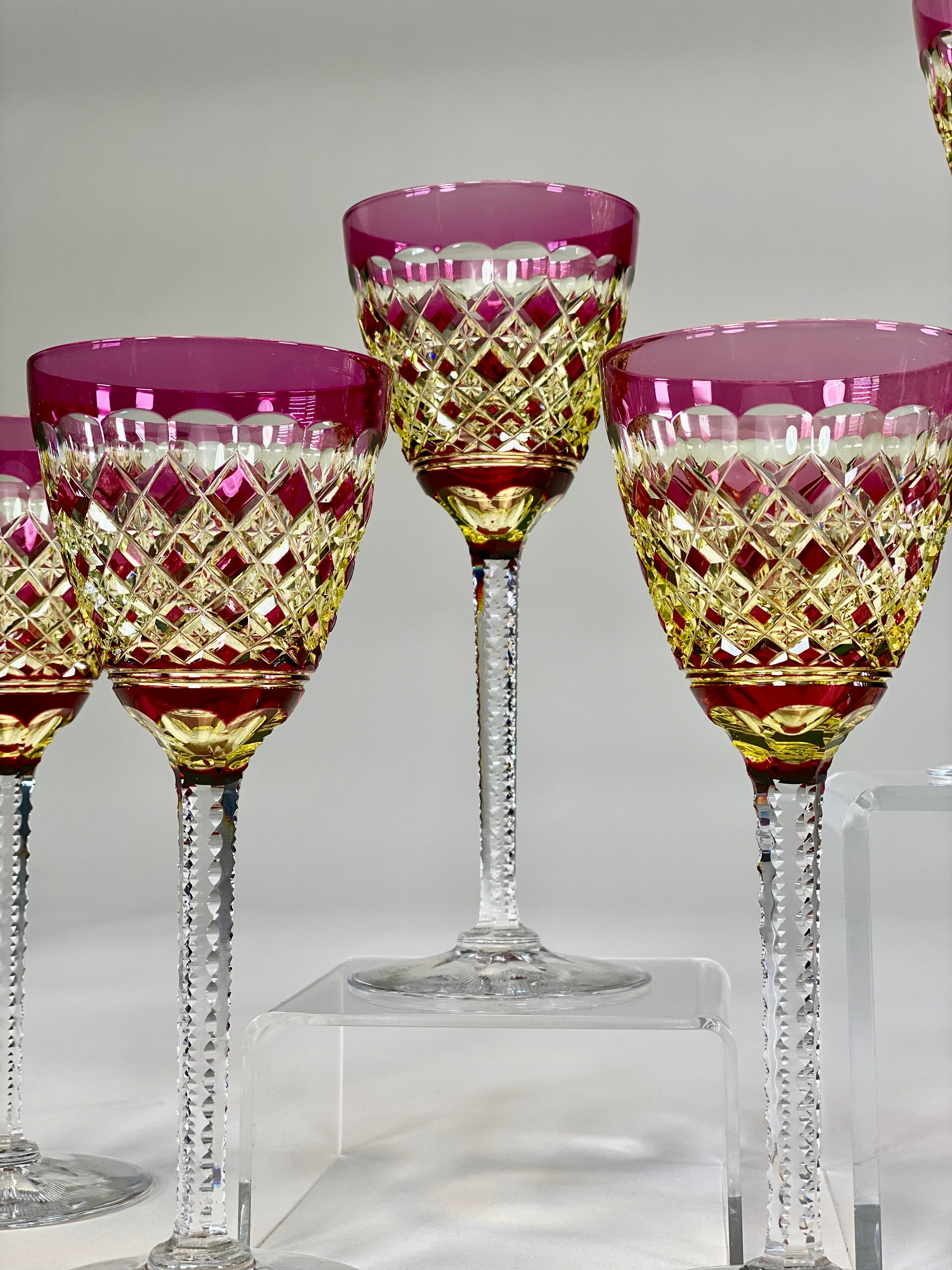 Set of 10 Val Saint Lambert Amethyst Overlay Cut to Chartreuse Goblets In Excellent Condition In Great Barrington, MA