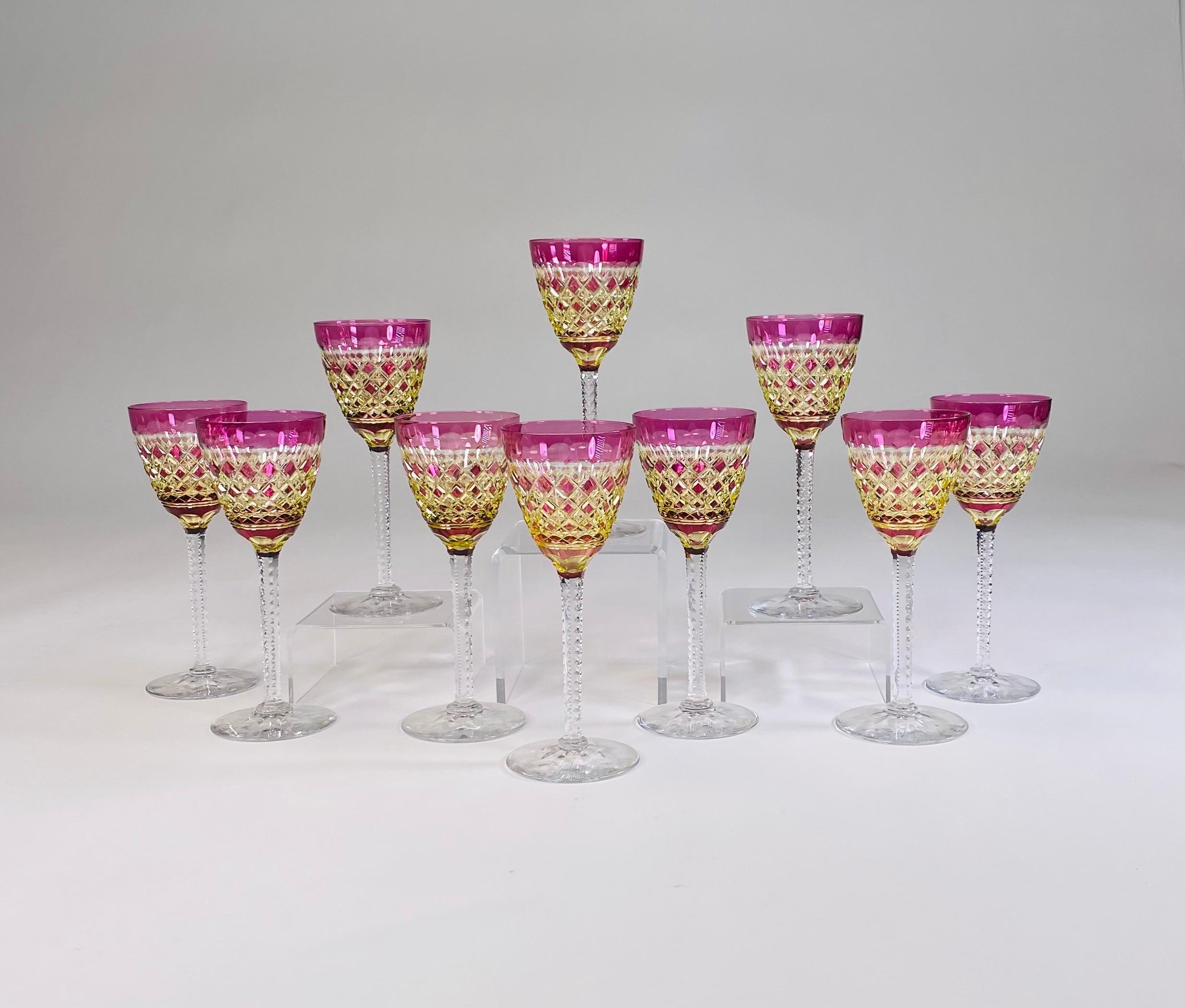 Early 20th Century Set of 10 Val Saint Lambert Amethyst Overlay Cut to Chartreuse Goblets