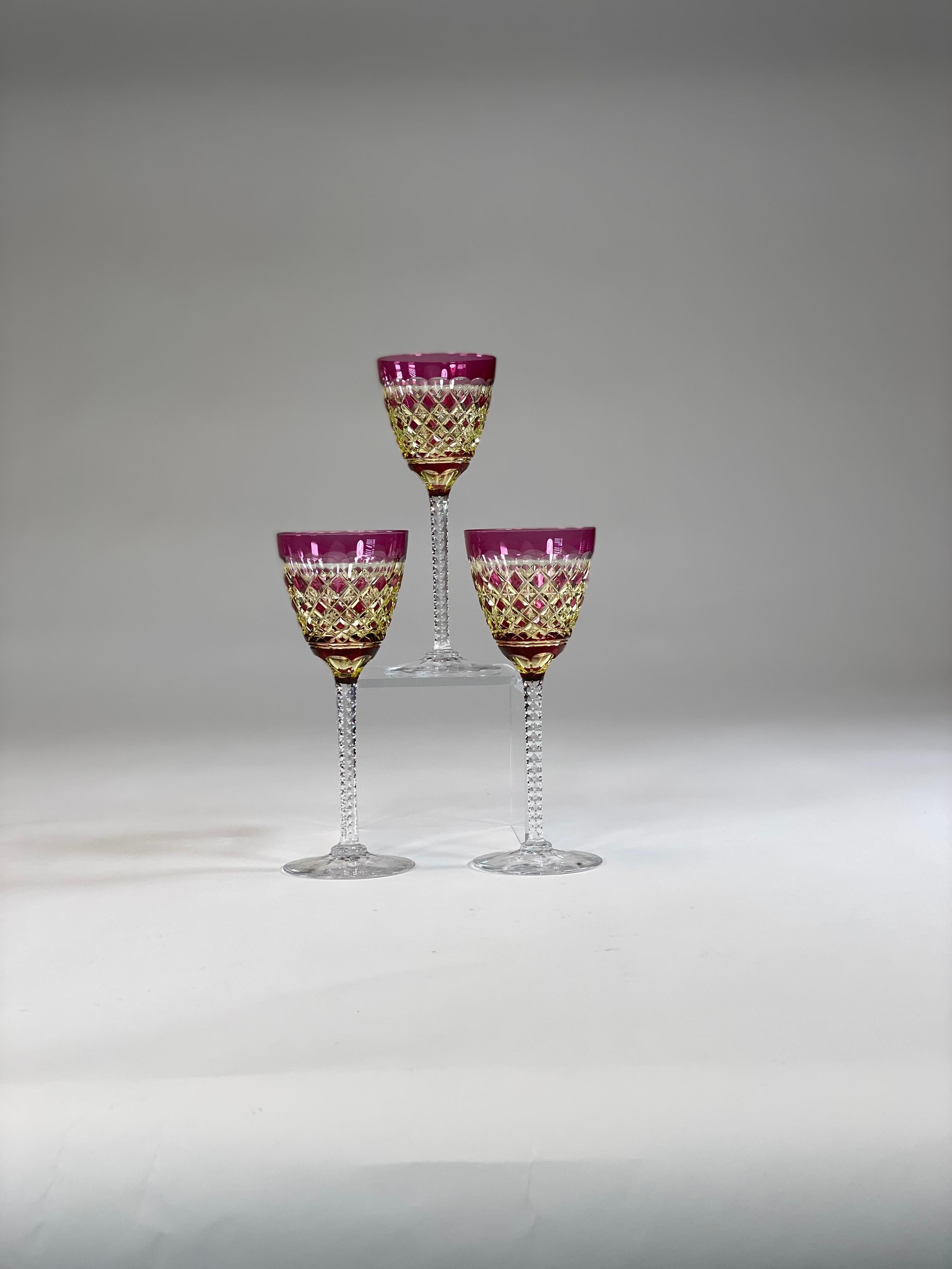 Crystal Set of 10 Val Saint Lambert Amethyst Overlay Cut to Chartreuse Goblets