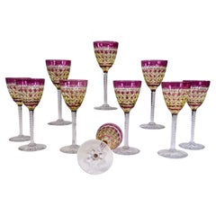 Set of 10 Val Saint Lambert Amethyst Overlay Cut to Chartreuse Goblets
