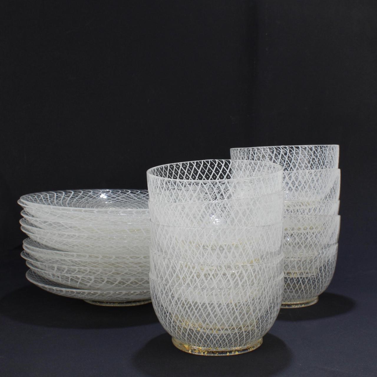 Italian Set of 10 Venetian or Murano Glass Reticulo Filigrana Bowls and Plates