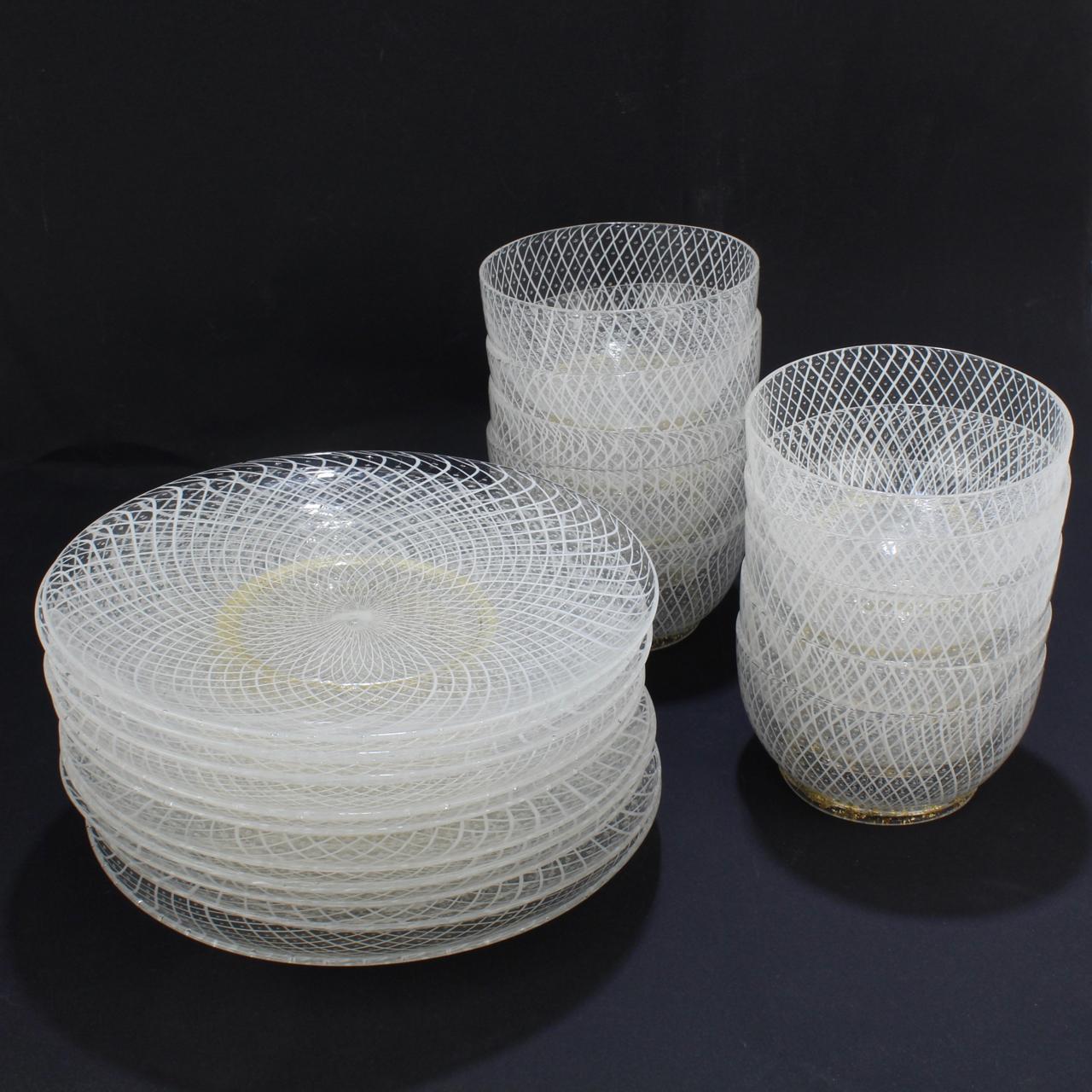 Set of 10 Venetian or Murano Glass Reticulo Filigrana Bowls and Plates In Good Condition In Philadelphia, PA