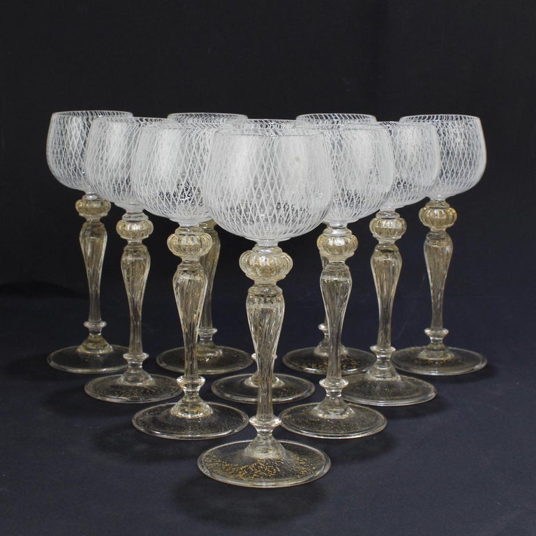 Set of 10 or Murano Glass Reticulo Filigrana Decorated Cordial