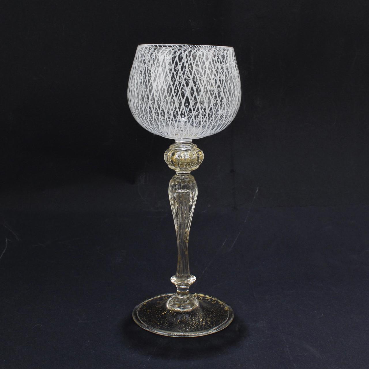 Italian Set of 10 Venetian or Murano Glass Reticulo Filigrana Decorated Wine Glasses