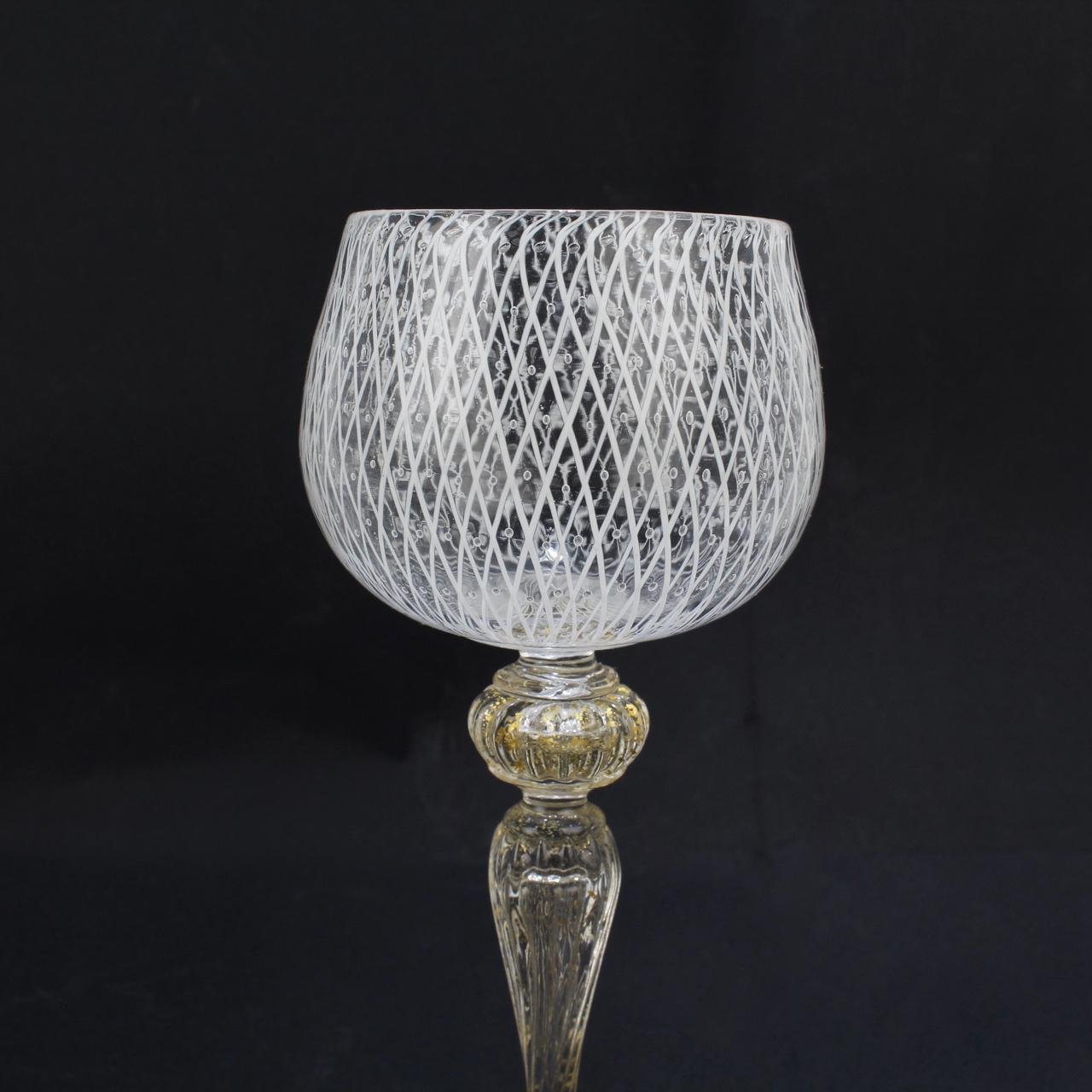 20th Century Set of 10 Venetian or Murano Glass Reticulo Filigrana Decorated Wine Glasses