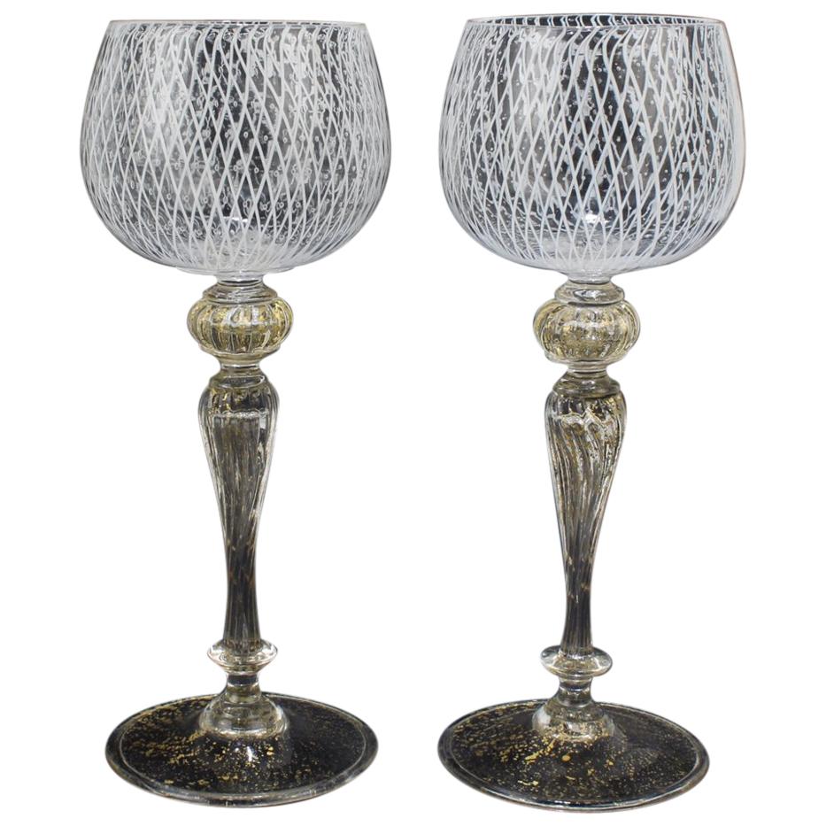 Set of 10 Venetian or Murano Glass Reticulo Filigrana Decorated Wine Glasses