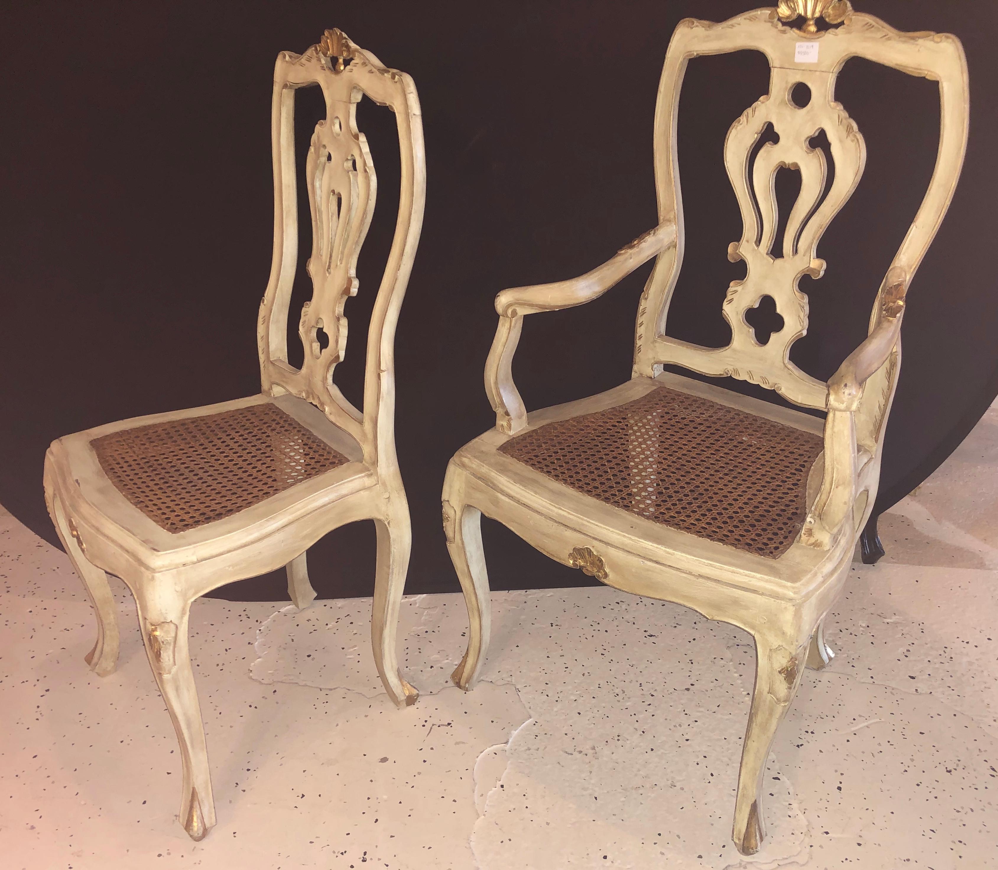 Set of 10 Venetian Parcel-Gilt and Paint Decorated Dining Chairs 8