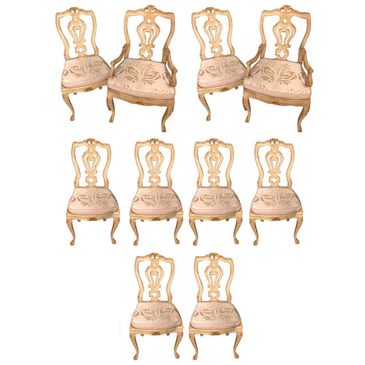 Set of 10 Venetian Parcel-Gilt and Paint Decorated Dining Chairs