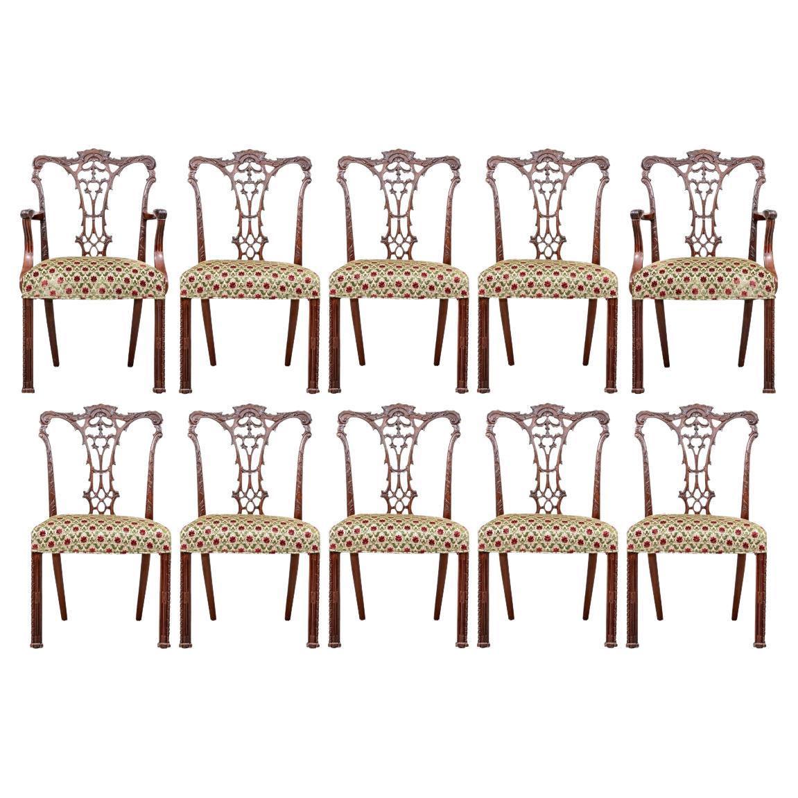 Set of 10 Very Fine Chippendale Style Dining Chairs