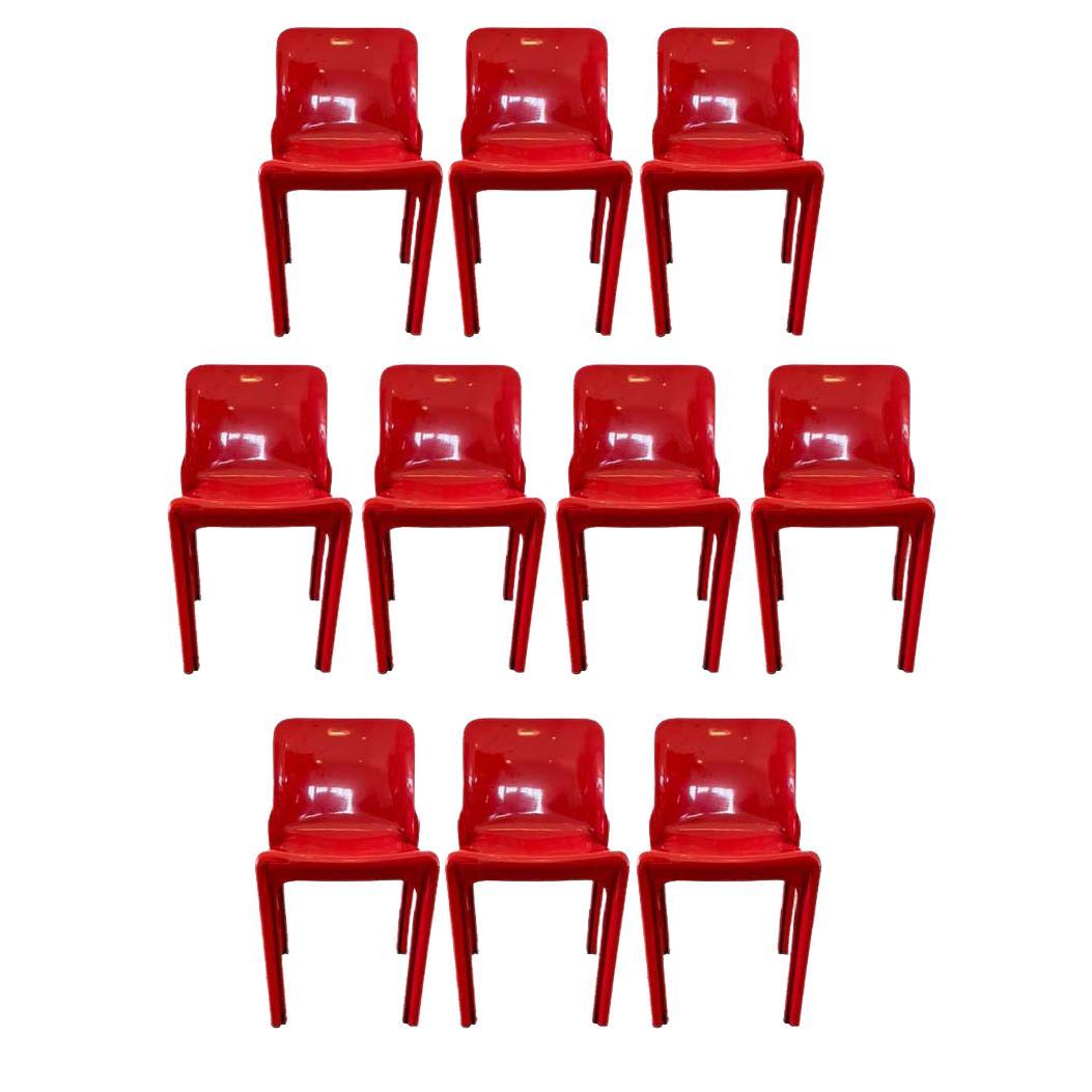Set of 10 Vico Magistretti Designed Selene Stacking Chairs for Artemide in Red