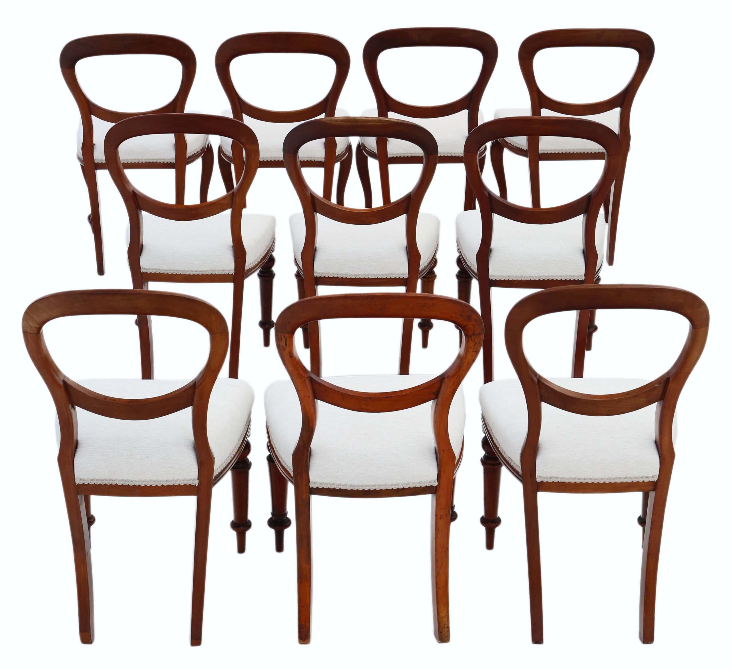 Harlequin set of 10 (5 plus 4 plus 1) Victorian mahogany balloon back dining chairs, circa 1880.
Full of age charm and character. Very best colour and patina.
Solid, with no loose joints.
Good new upholstery in a heavy weight upholstery fabric,
