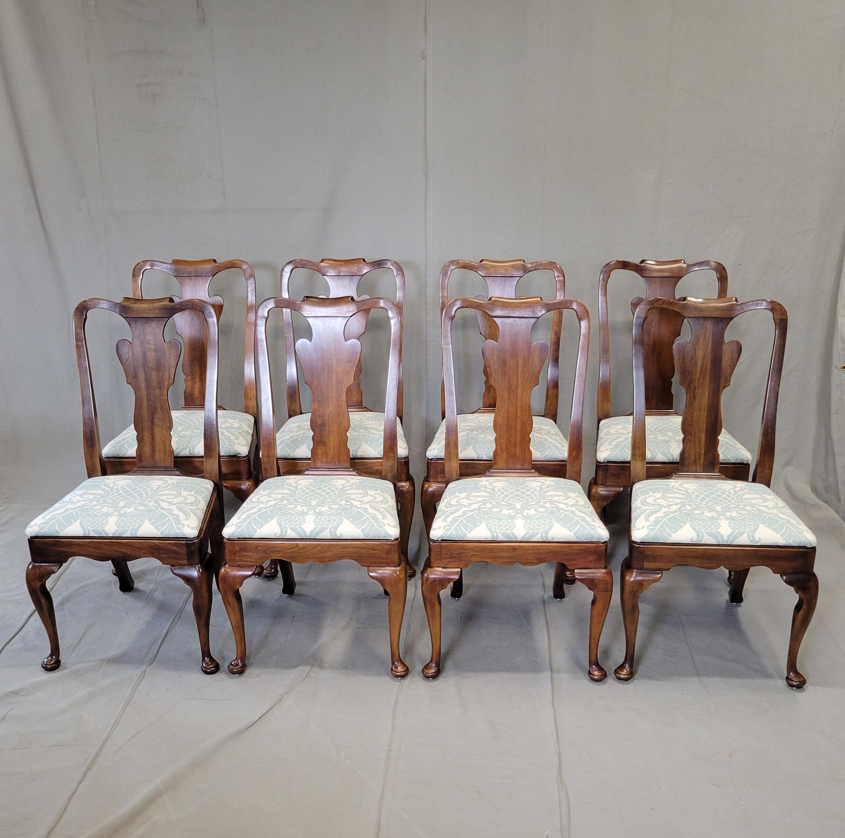 A stunning set of 10 vintage 1980s Statton Furniture solid cherry dining room chairs updated for the 21st century with newly upholstered seats in Tommy Bahama woven fabric printed with a pineapple motif. Two armchairs and eight side chairs, all