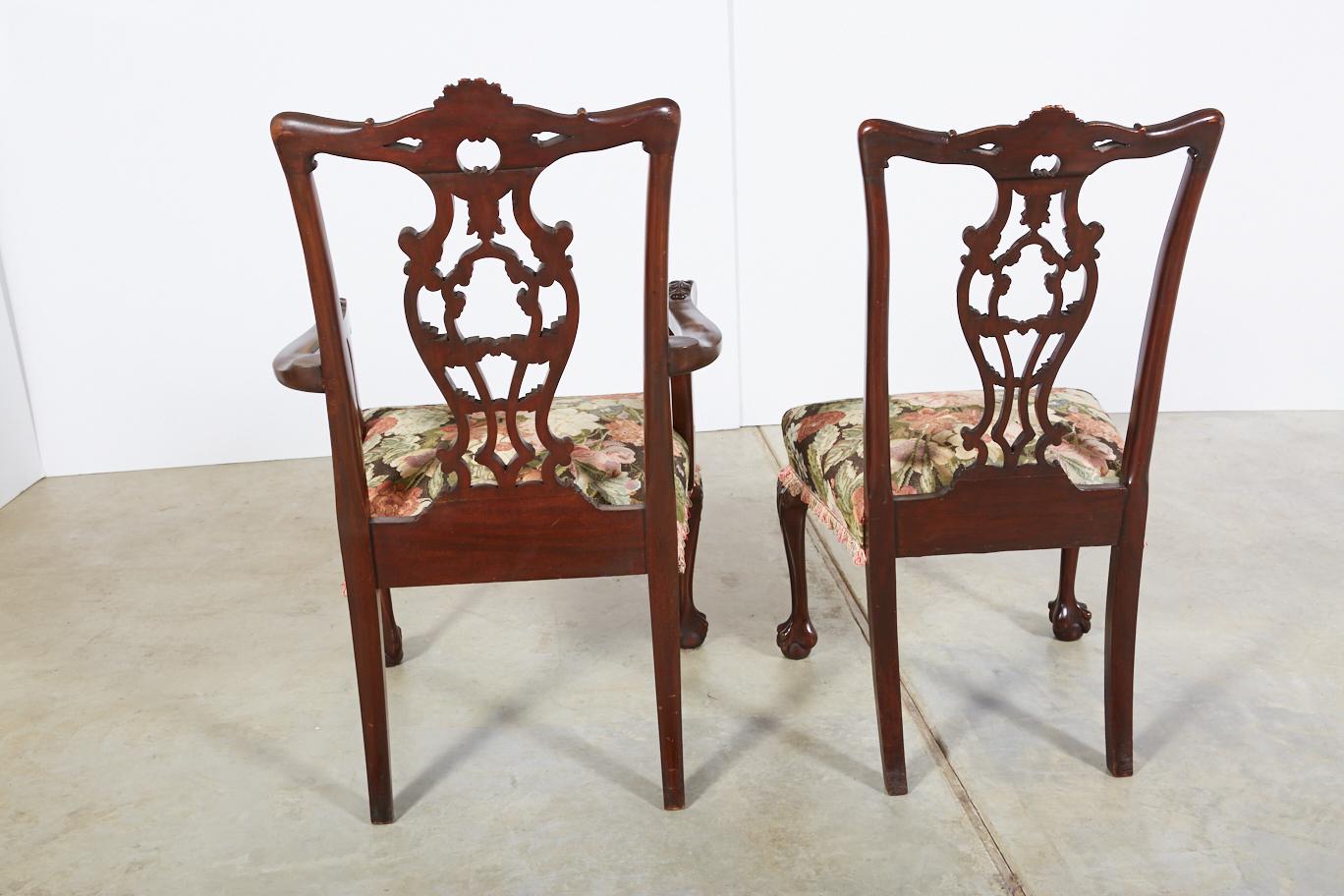Carved Set of 10 Vintage Bench Made Chippendale Style Ribbon Back Dining Chairs