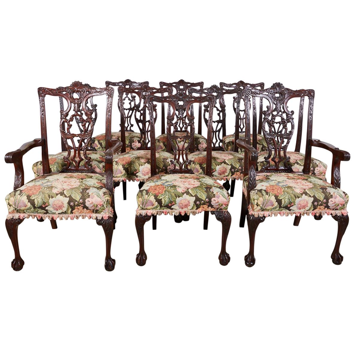 Set of 10 Vintage Bench Made Chippendale Style Ribbon Back Dining Chairs